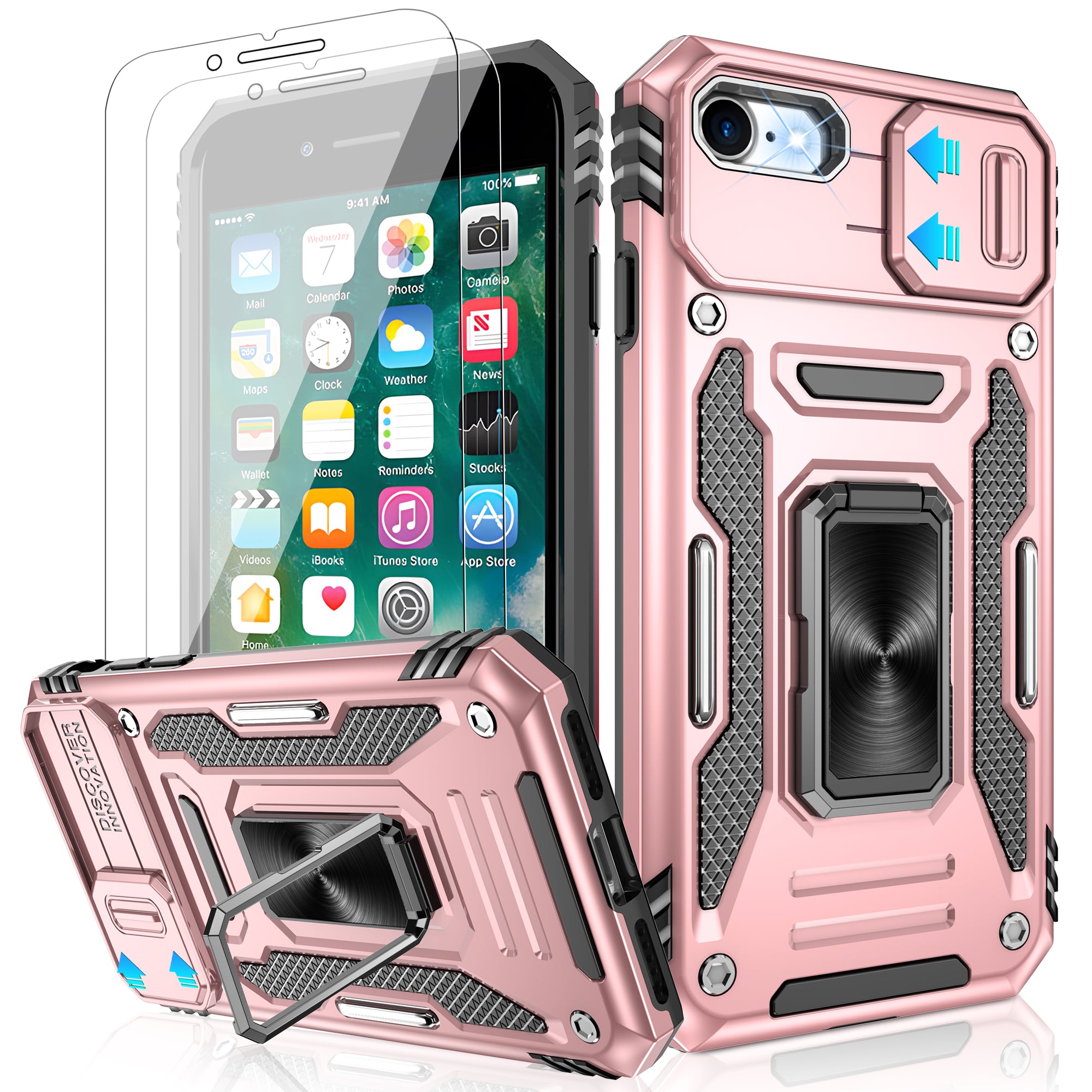 Jshru for iPhone SE 2020/2022 Case with Screen Protector,Camera Protective Cover,Ring Stand,Phone Case for Men and Women,Shockproof Bumper Phone Cover