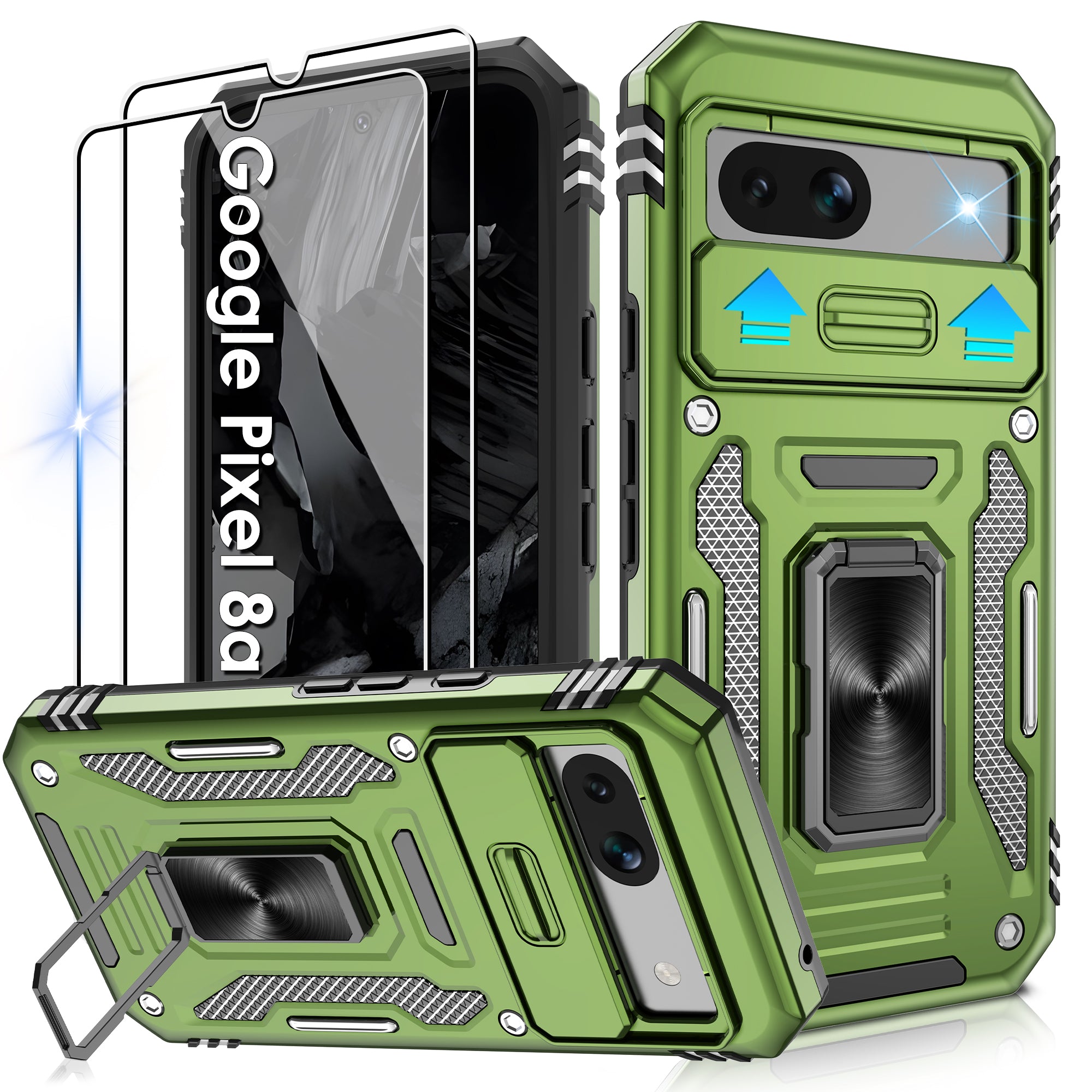 Jshru for Google Pixel 8A Case with Screen Protector,Camera Protective Cover,Ring Stand,Phone Case for Men and Women,Shockproof Bumper Phone Cover