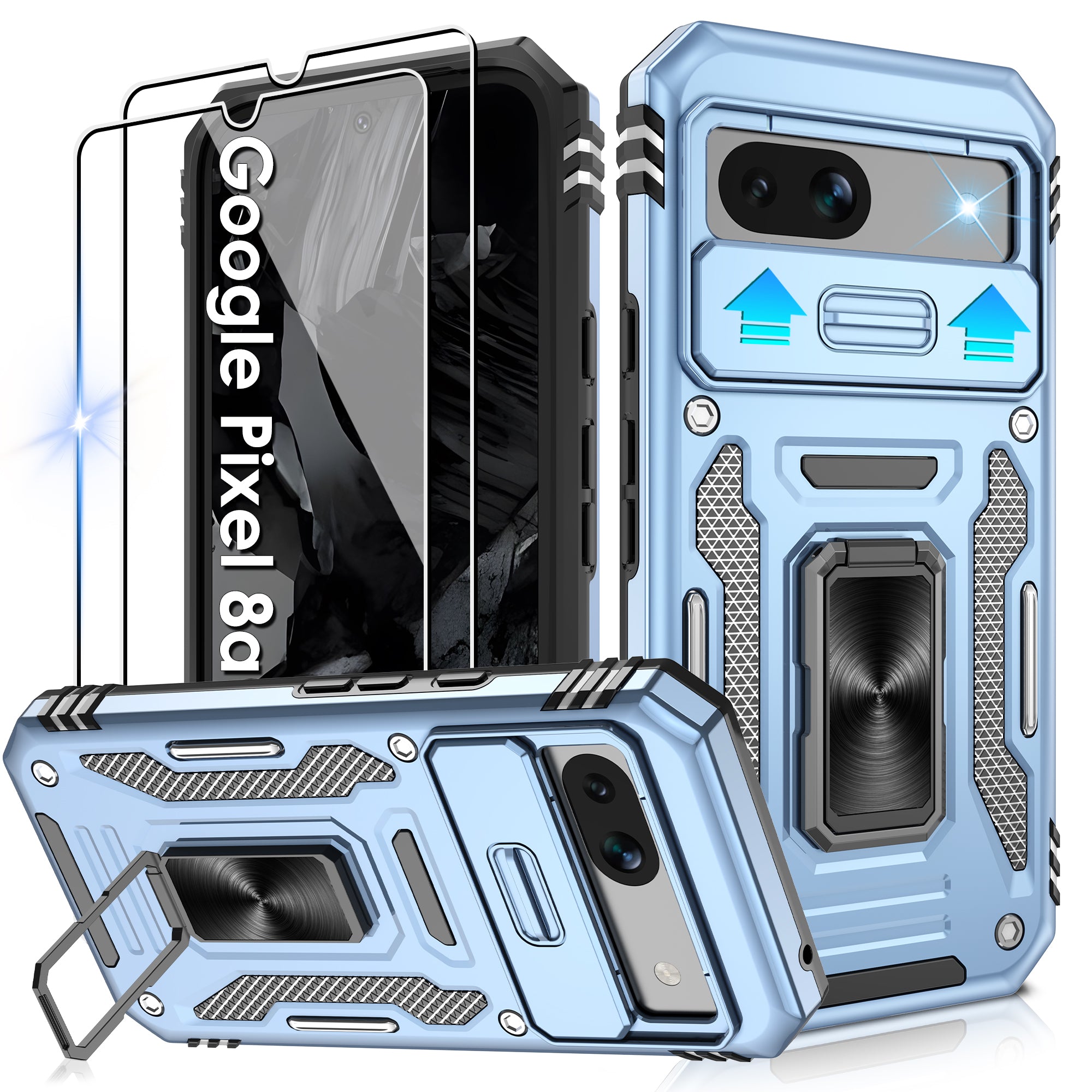 Jshru for Google Pixel 8A Case with Screen Protector,Camera Protective Cover,Ring Stand,Phone Case for Men and Women,Shockproof Bumper Phone Cover