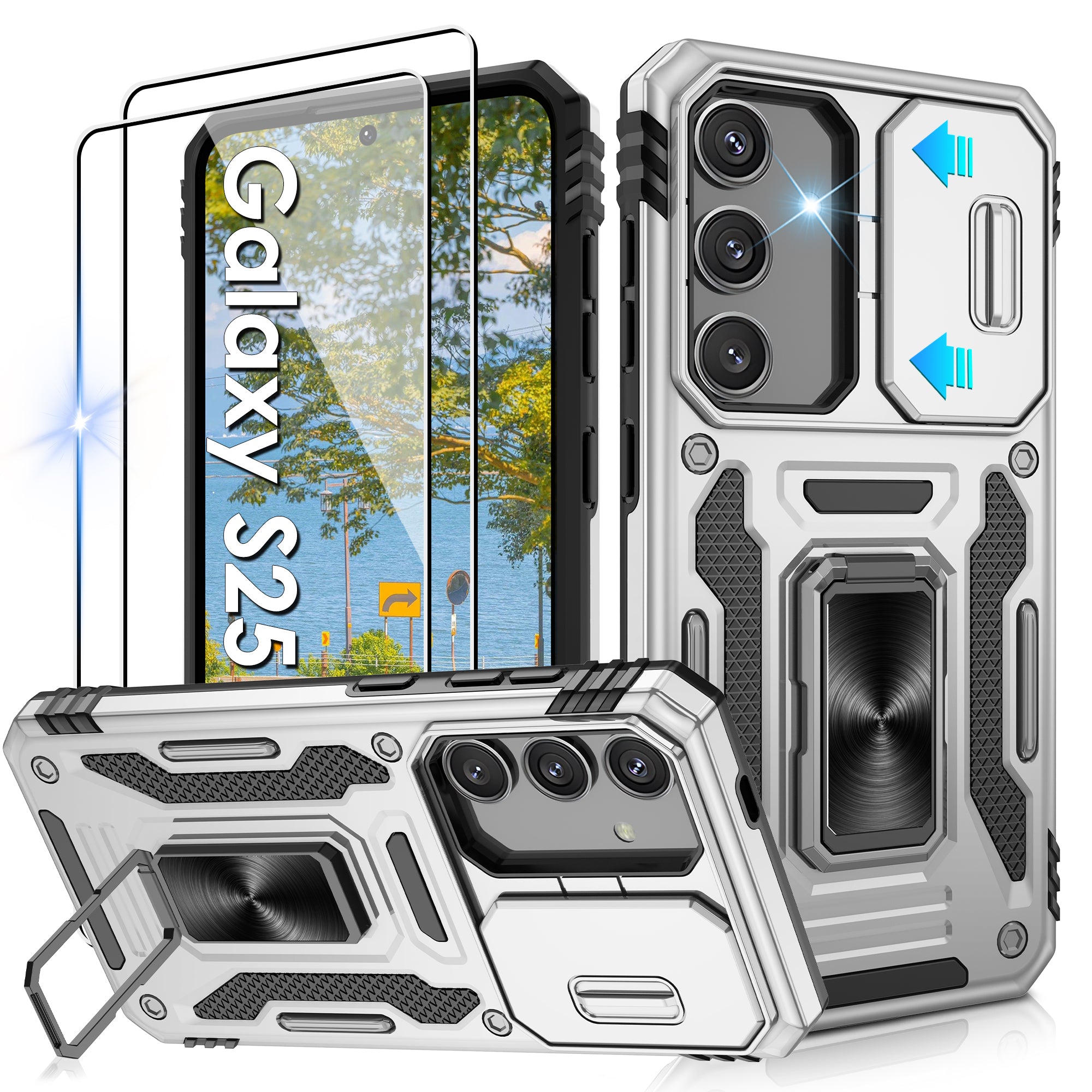 Jshru for Samsung S24/S25 Case with Screen Protector,Camera Protective Cover,Ring Stand,Phone Case for Men and Women,Shockproof Bumper Phone Cover