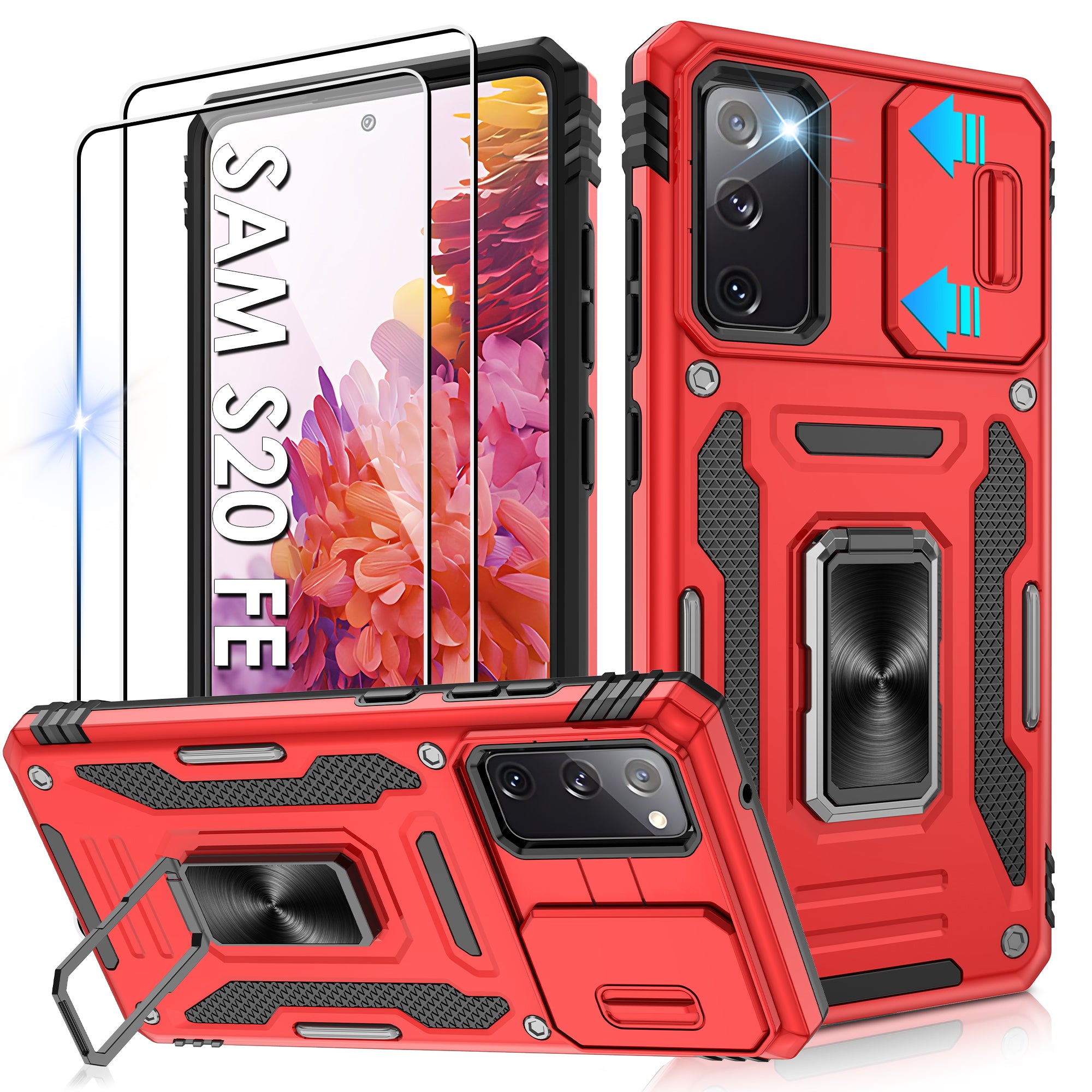 Jshru for Samsung Galaxy S20 FE Case with Screen Protector,Camera Protective Cover,Ring Stand,Phone Case for Men and Women,Shockproof Bumper Phone Cover