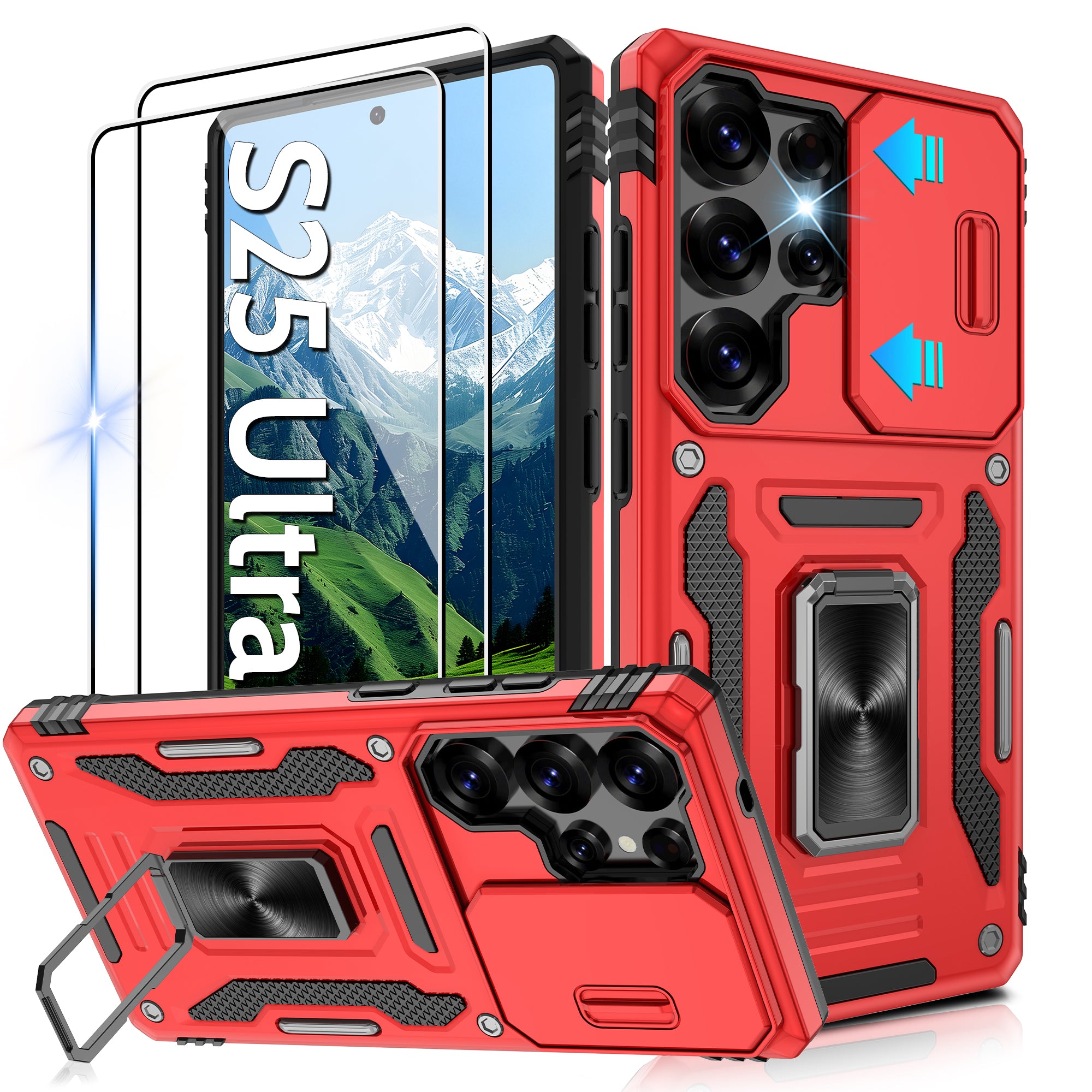 Jshru for Samsung Galaxy S25 Ultra Case with Screen Protector,Camera Protective Cover,Ring Stand,Phone Case for Men and Women,Shockproof Bumper Phone Cover