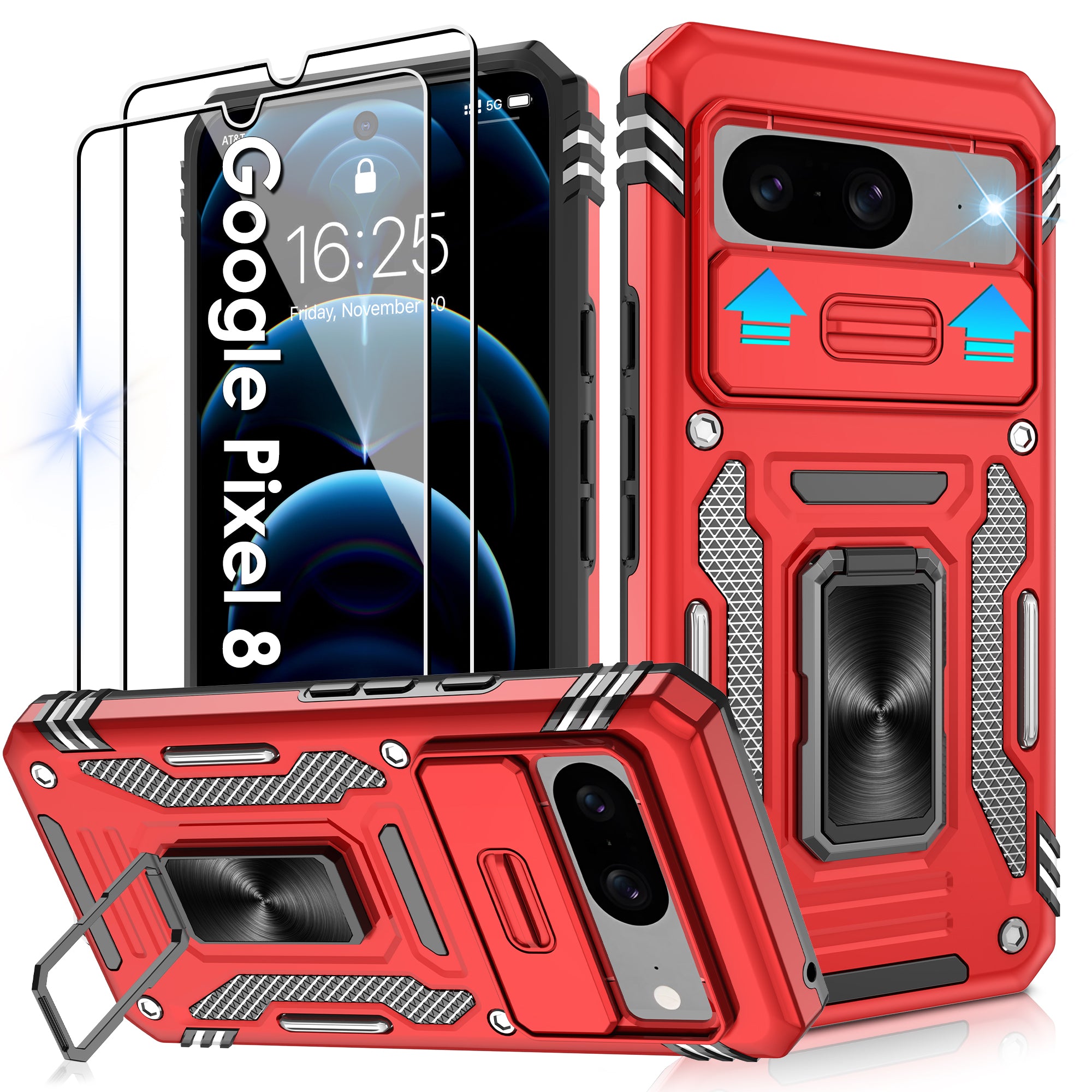 Jshru for Google Pixel 8 Case with Screen Protector,Camera Protective Cover,Ring Stand,Phone Case for Men and Women,Shockproof Bumper Phone Cover