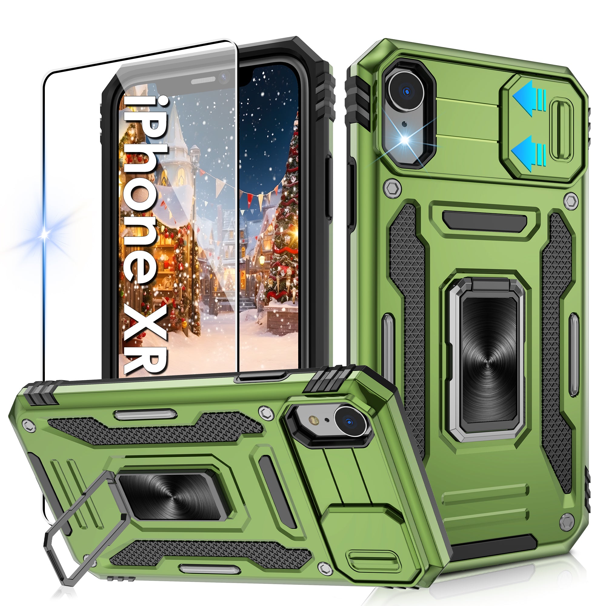 Jshru for iPhone XR Case with Screen Protector,Camera Protective Cover,Ring Stand,Phone Case for Men and Women,Shockproof Bumper Phone Cover