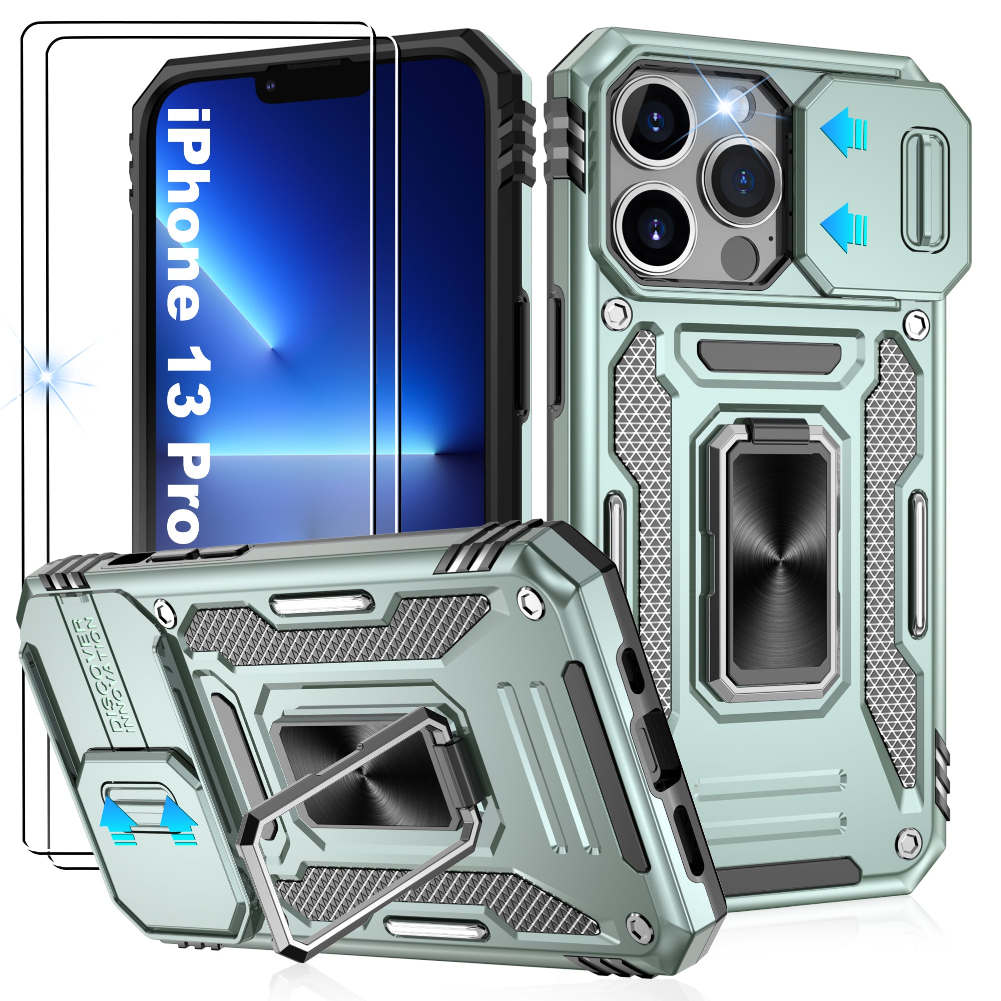 Jshru for iPhone 13 Pro Case with Screen Protector,Camera Protective Cover,Ring Stand,Phone Case for Men and Women,Shockproof Bumper Phone Cover