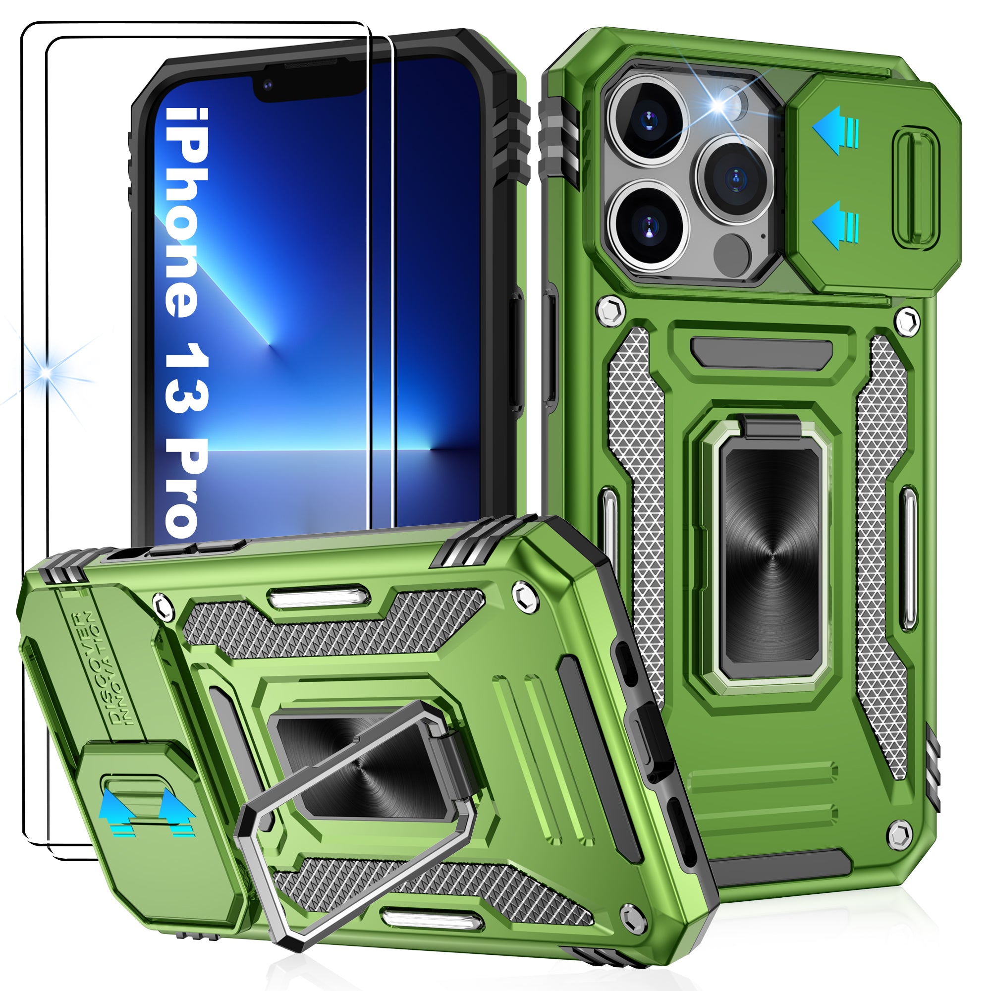Jshru for iPhone 13 Pro Case with Screen Protector,Camera Protective Cover,Ring Stand,Phone Case for Men and Women,Shockproof Bumper Phone Cover