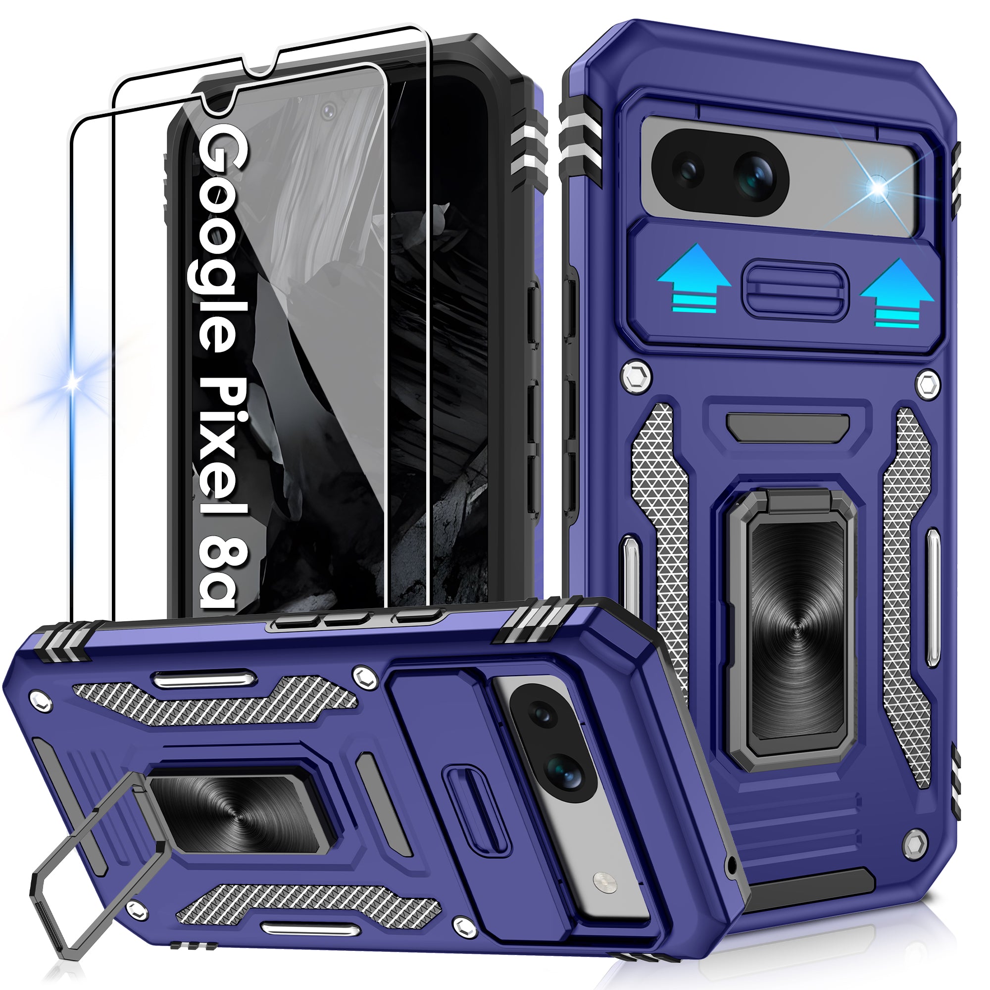 Jshru for Google Pixel 8A Case with Screen Protector,Camera Protective Cover,Ring Stand,Phone Case for Men and Women,Shockproof Bumper Phone Cover