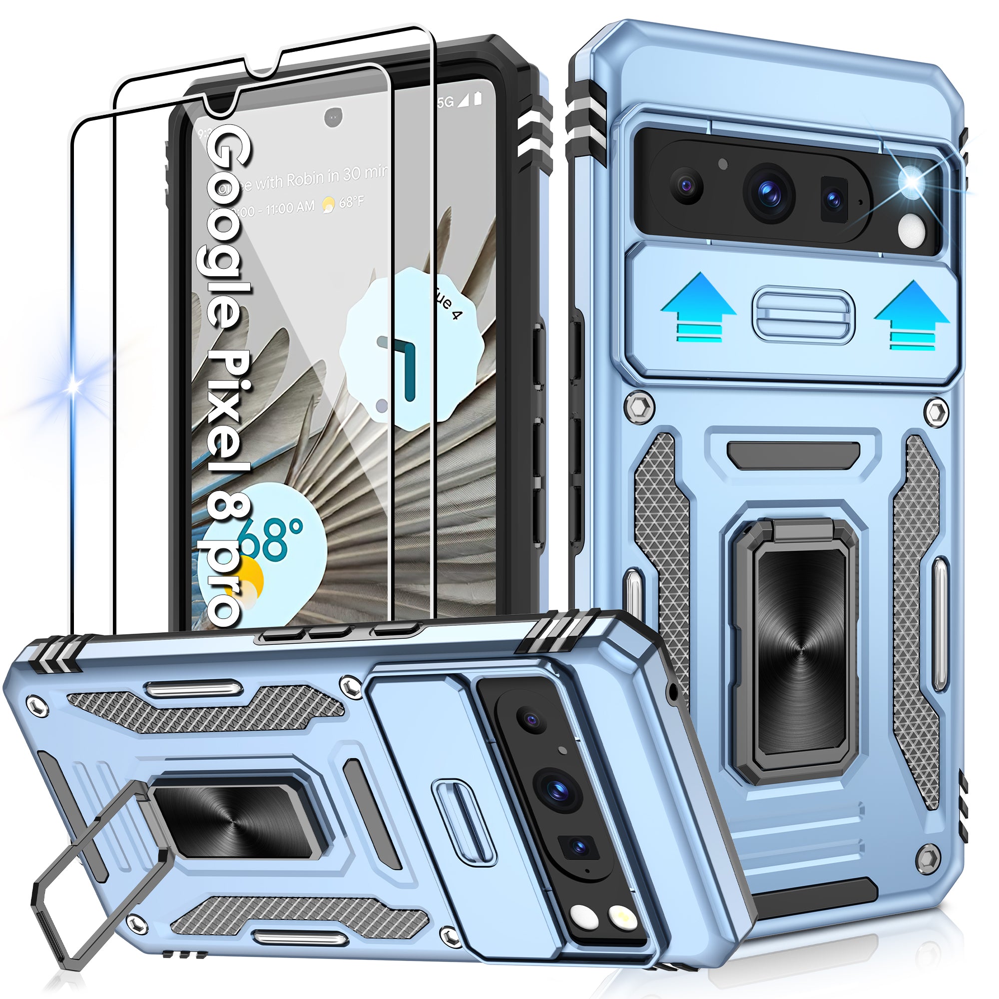 Jshru for Google Pixel 8 Pro Case with Screen Protector,Camera Protective Cover,Ring Stand,Phone Case for Men and Women,Shockproof Bumper Phone Cover