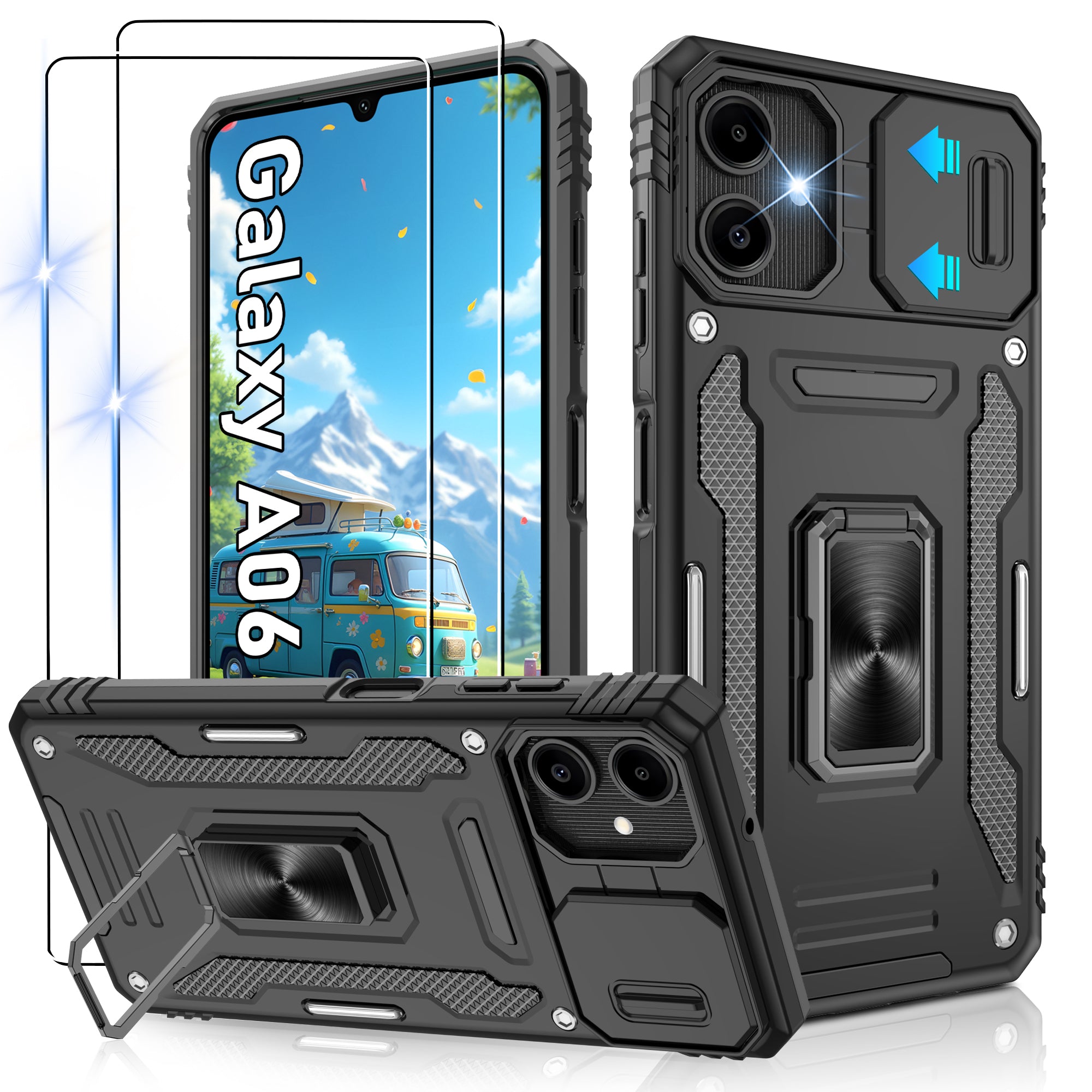 Jshru for Samsung Phone Case with Screen Protector,Camera Protective Cover,Ring Stand,Shockproof Bumper Phone Cover