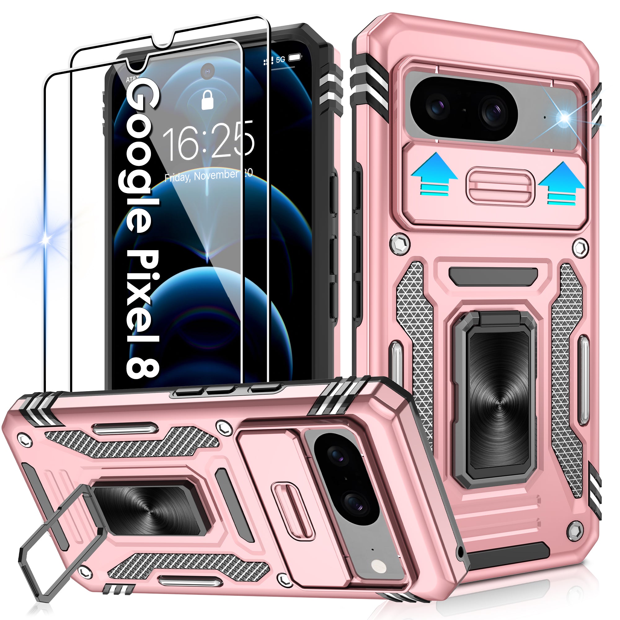 Jshru for Google Pixel 8 Case with Screen Protector,Camera Protective Cover,Ring Stand,Phone Case for Men and Women,Shockproof Bumper Phone Cover