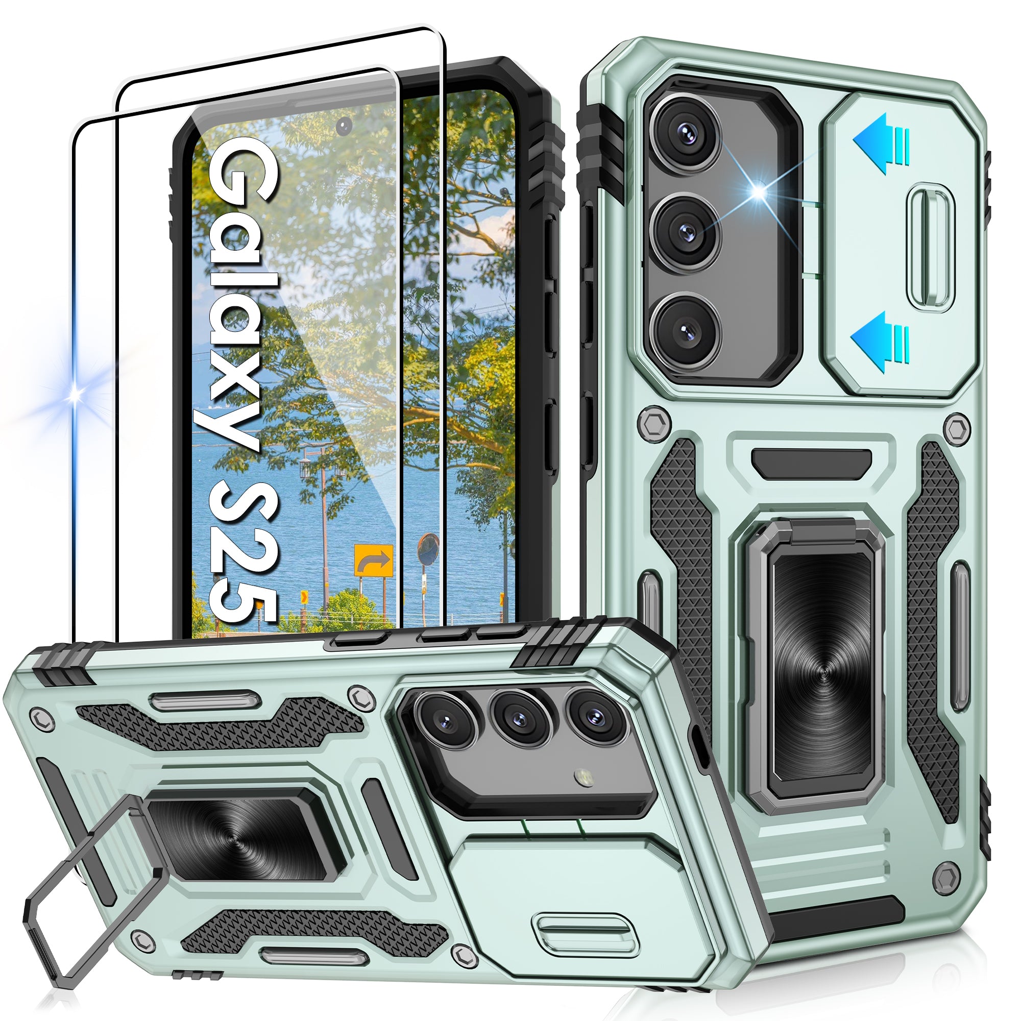 Jshru for Samsung S24/S25 Case with Screen Protector,Camera Protective Cover,Ring Stand,Phone Case for Men and Women,Shockproof Bumper Phone Cover