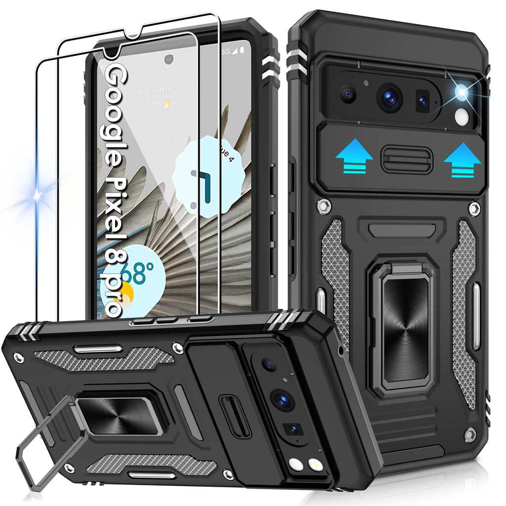 Jshru for Google Pixel 8 Pro Case with Screen Protector,Camera Protective Cover,Ring Stand,Phone Case for Men and Women,Shockproof Bumper Phone Cover