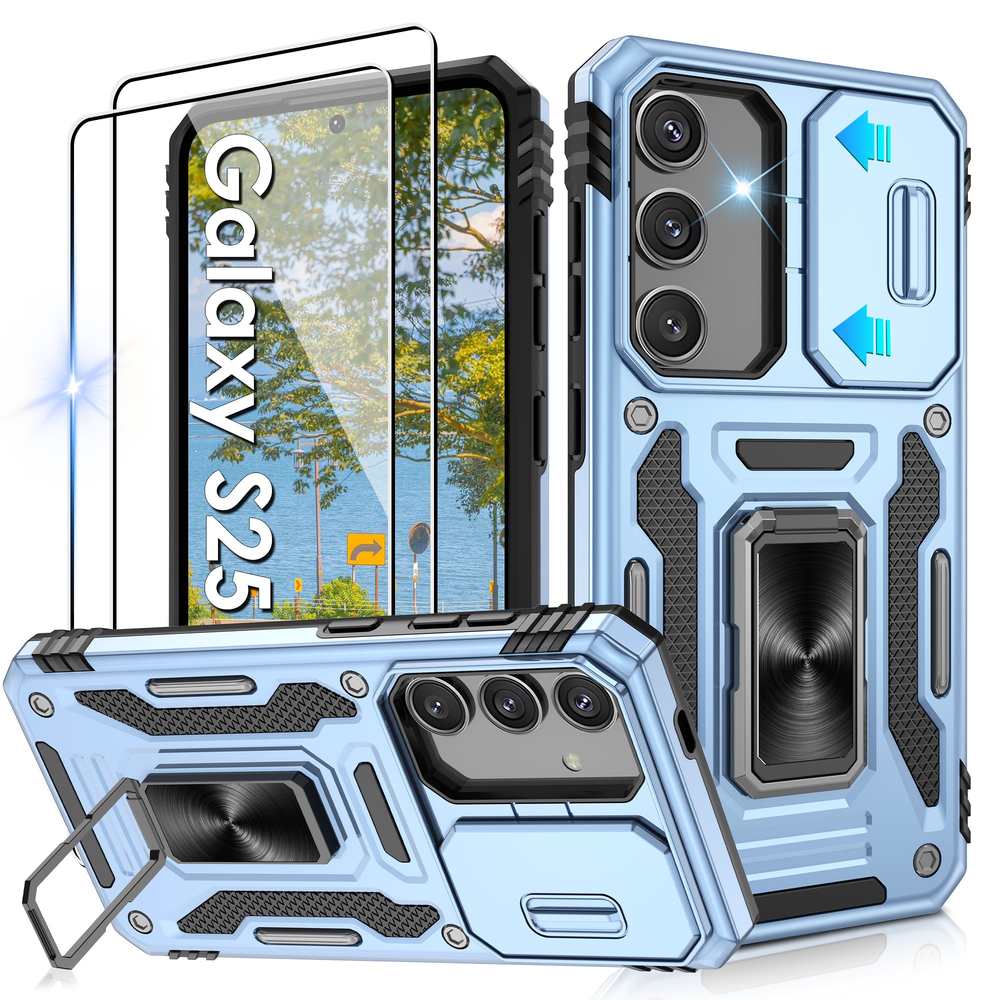 Jshru for Samsung S24/S25 Case with Screen Protector,Camera Protective Cover,Ring Stand,Phone Case for Men and Women,Shockproof Bumper Phone Cover