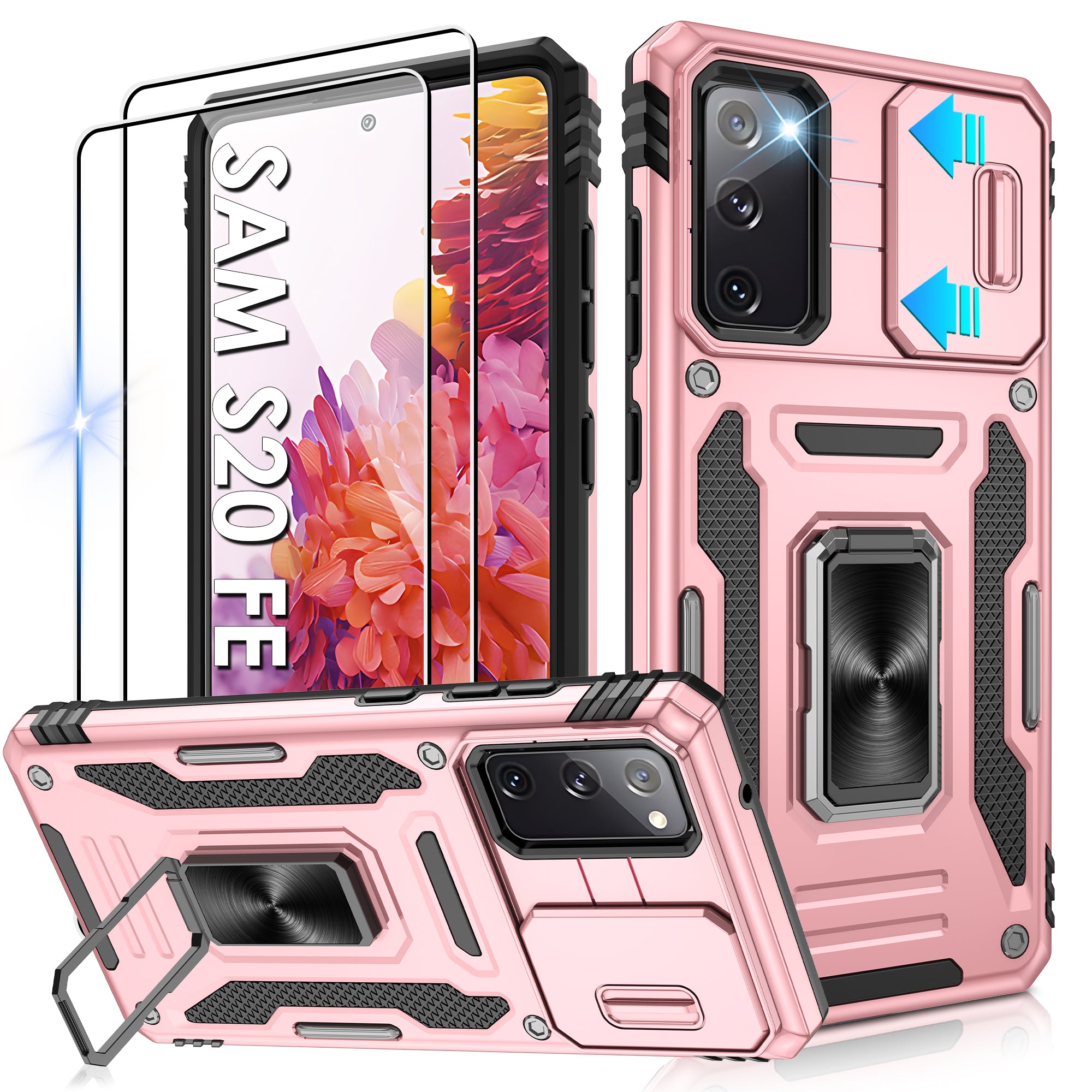 Jshru for Samsung Galaxy S20 FE Case with Screen Protector,Camera Protective Cover,Ring Stand,Phone Case for Men and Women,Shockproof Bumper Phone Cover