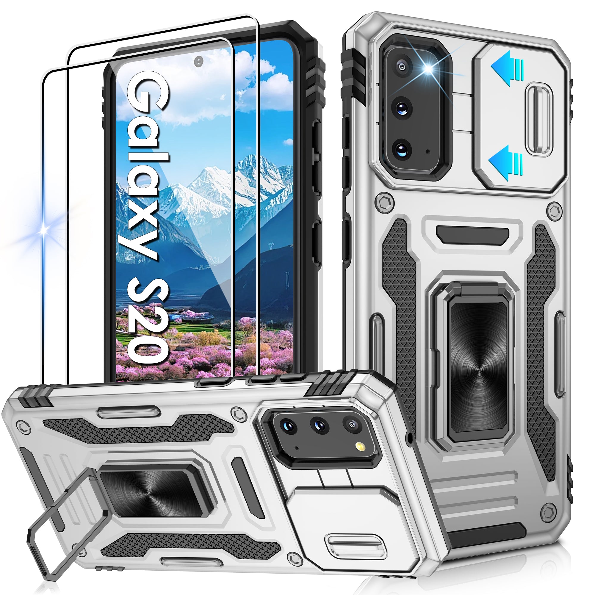 Jshru for Samsung Galaxy S20 Case with Screen Protector,Camera Protective Cover,Ring Stand,Phone Case for Men and Women,Shockproof Bumper Phone Cover