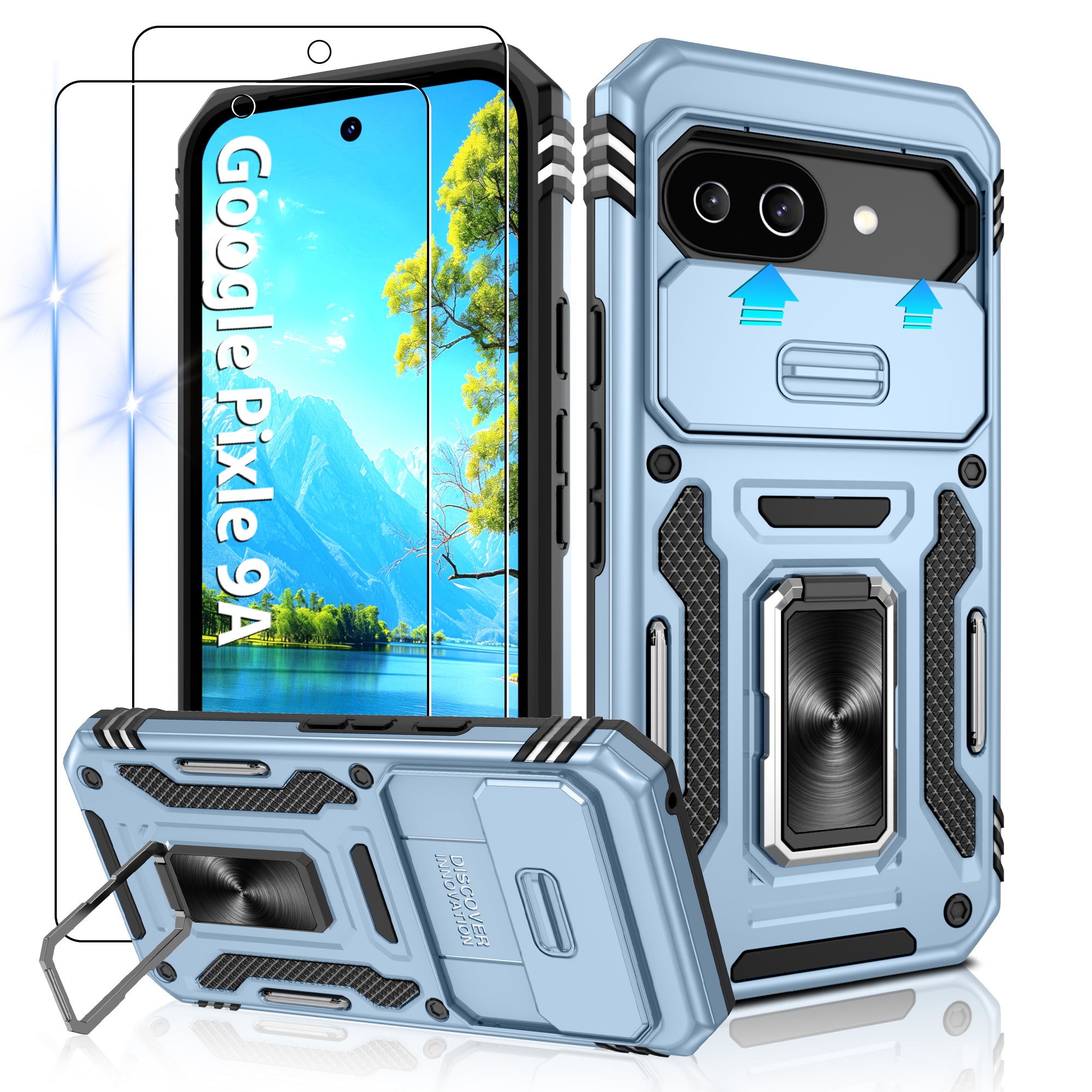 Jshru for Google Pixel 9A Case with Screen Protector,Camera Protective Cover,Ring Stand,Phone Case for Men and Women,Shockproof Bumper Phone Cover