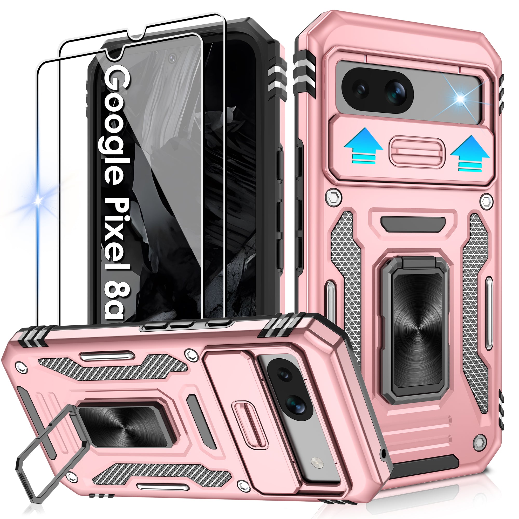 Jshru for Google Pixel 8A Case with Screen Protector,Camera Protective Cover,Ring Stand,Phone Case for Men and Women,Shockproof Bumper Phone Cover