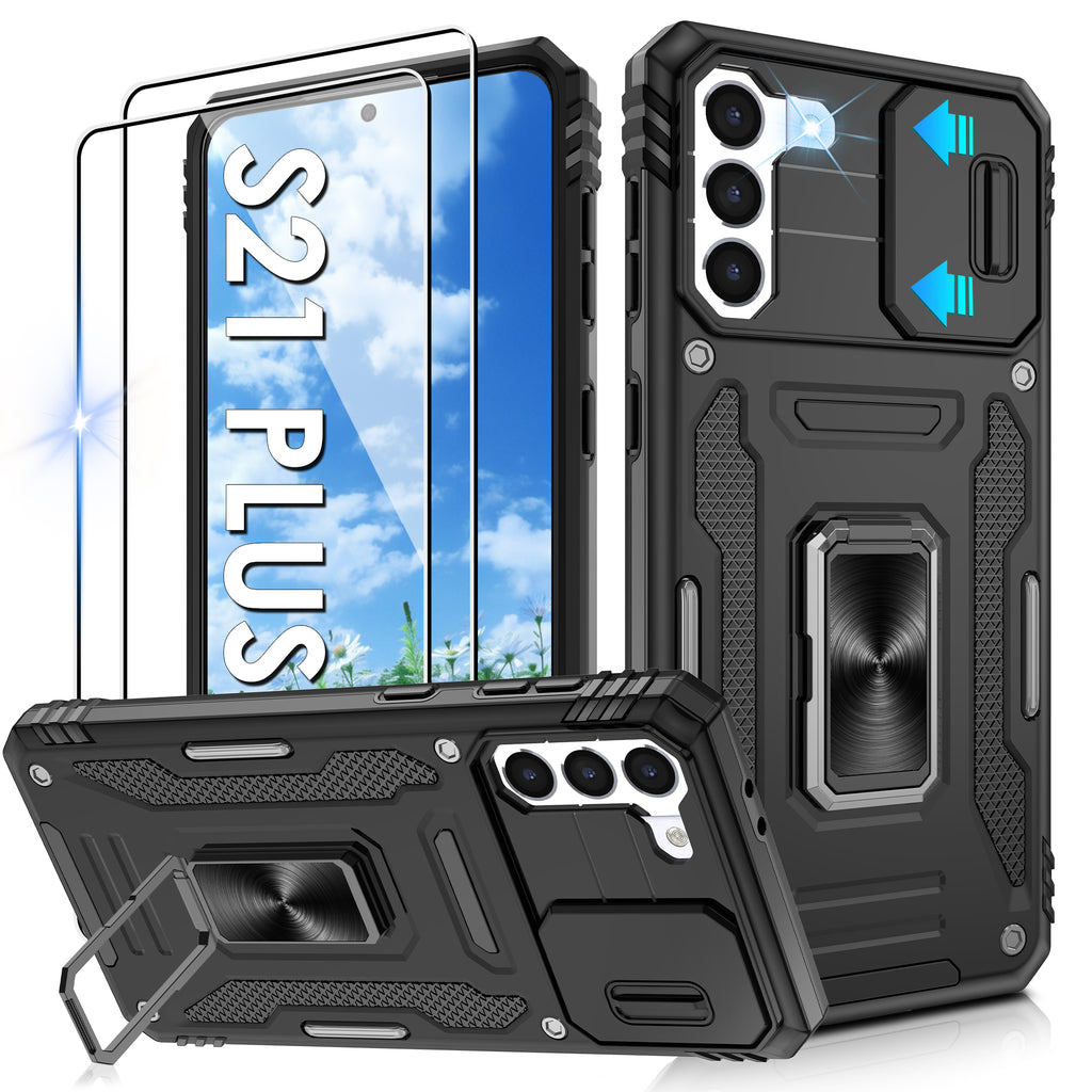 Jshru for Samsung Galaxy S21 Plus Case with Screen Protector,Camera Protective Cover,Ring Stand,Phone Case for Men and Women,Shockproof Bumper Phone Cover