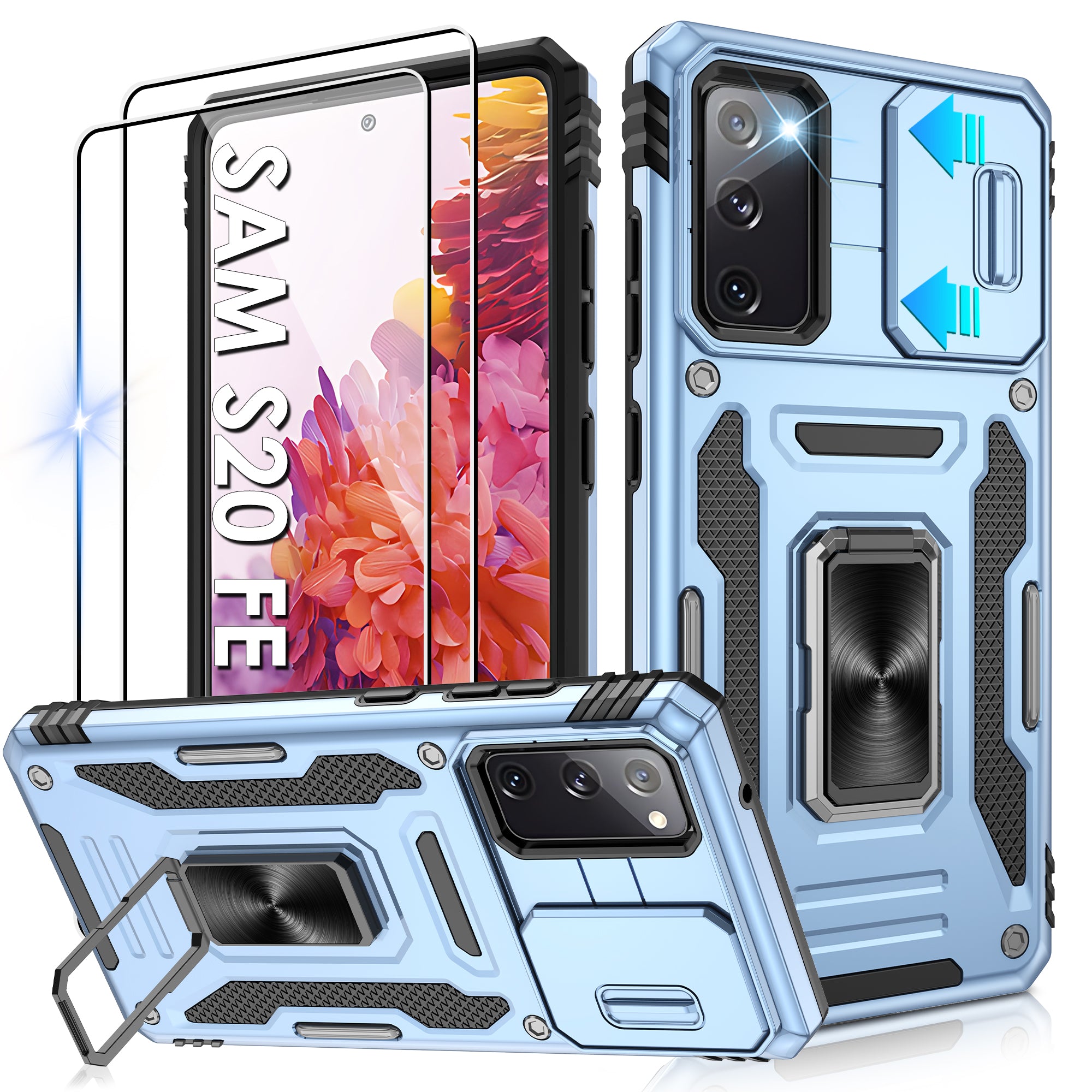 Jshru for Samsung Galaxy S20 FE Case with Screen Protector,Camera Protective Cover,Ring Stand,Phone Case for Men and Women,Shockproof Bumper Phone Cover