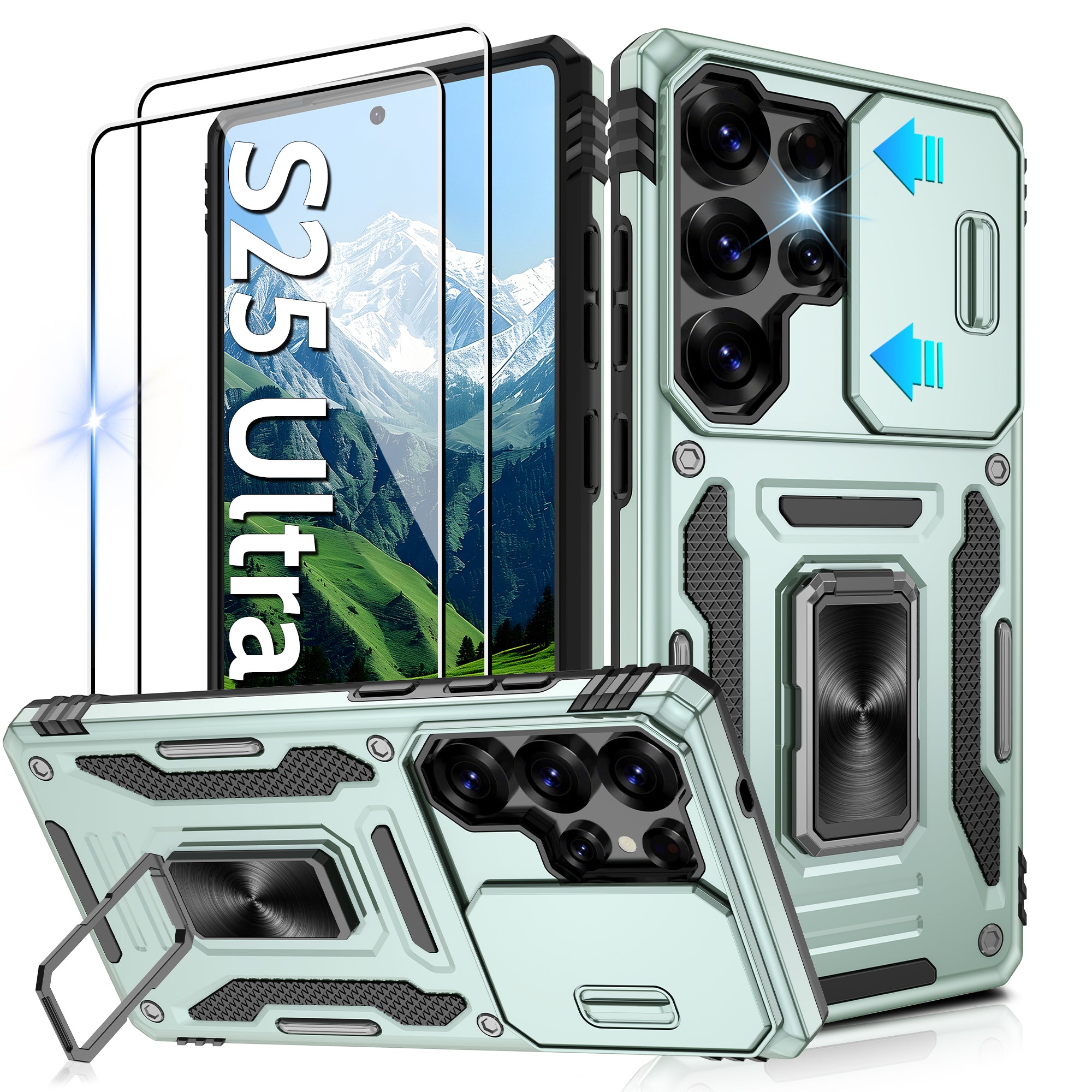 Jshru for Samsung Galaxy S25 Ultra Case with Screen Protector,Camera Protective Cover,Ring Stand,Phone Case for Men and Women,Shockproof Bumper Phone Cover