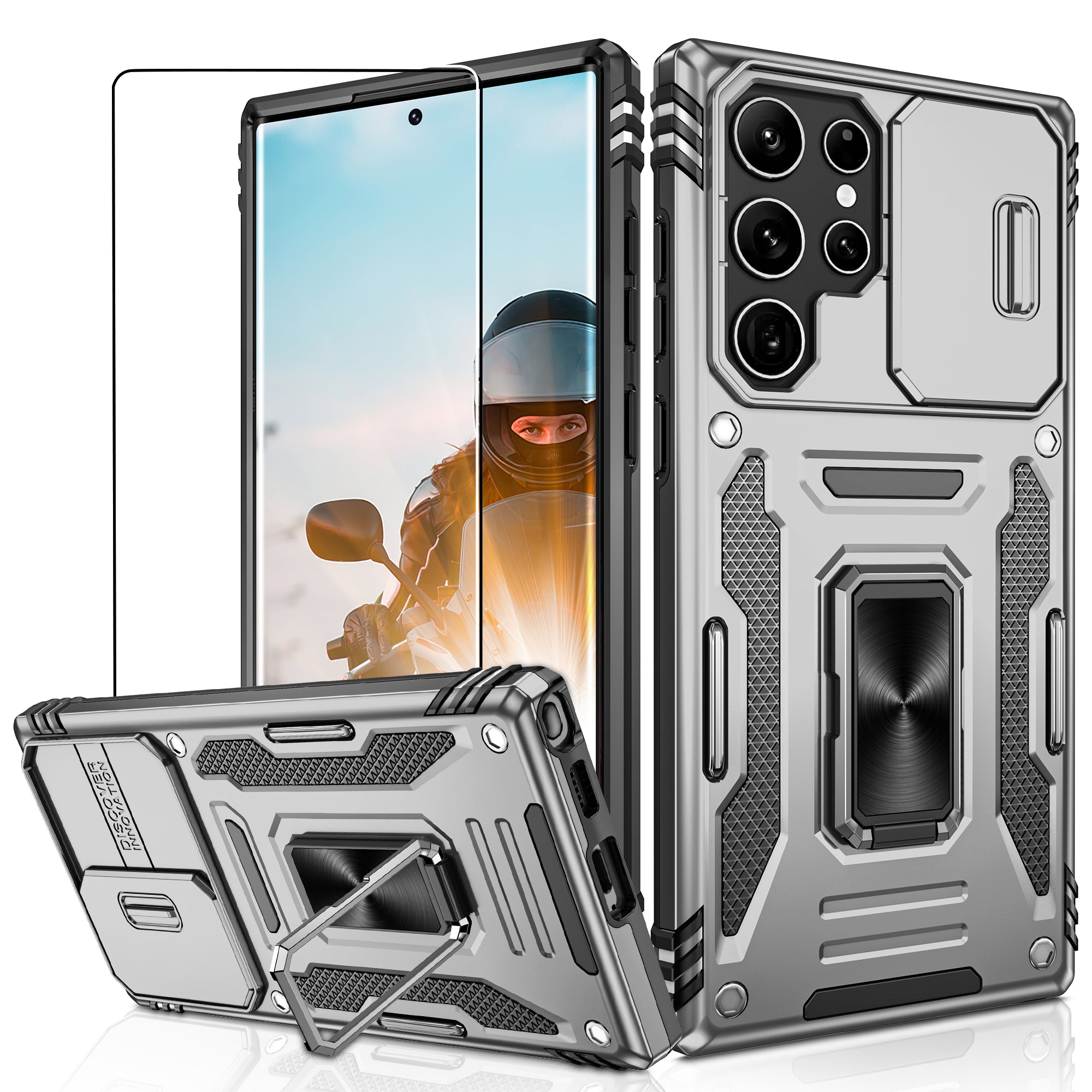 Jshru for Samsung Galaxy S22 Ultra Case with Screen Protector,Camera Protective Cover,Ring Stand,Phone Case for Men and Women,Shockproof Bumper Phone Cover