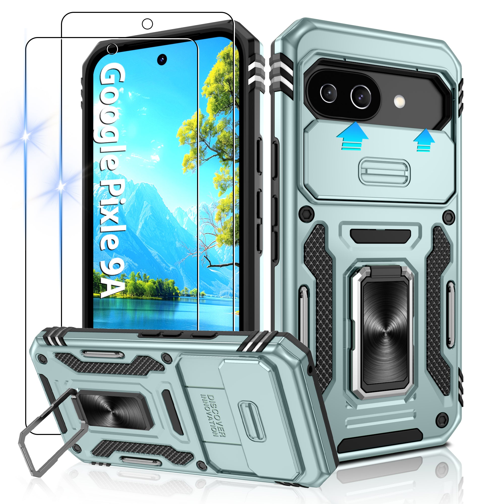 Jshru for Google Pixel 9A Case with Screen Protector,Camera Protective Cover,Ring Stand,Phone Case for Men and Women,Shockproof Bumper Phone Cover