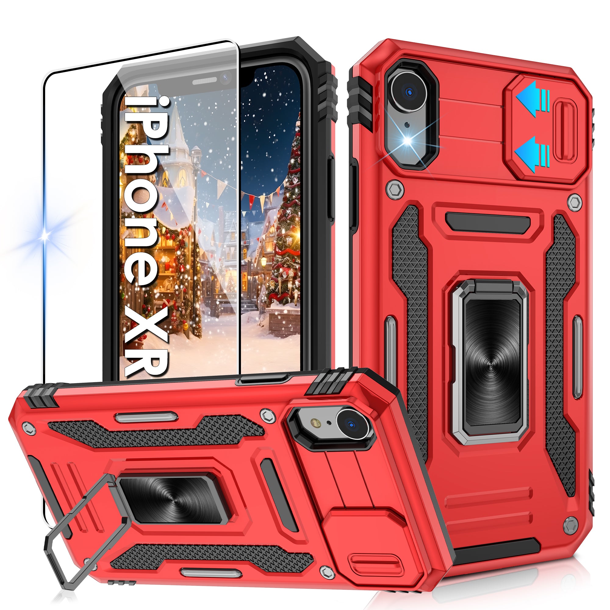Jshru for iPhone XR Case with Screen Protector,Camera Protective Cover,Ring Stand,Phone Case for Men and Women,Shockproof Bumper Phone Cover