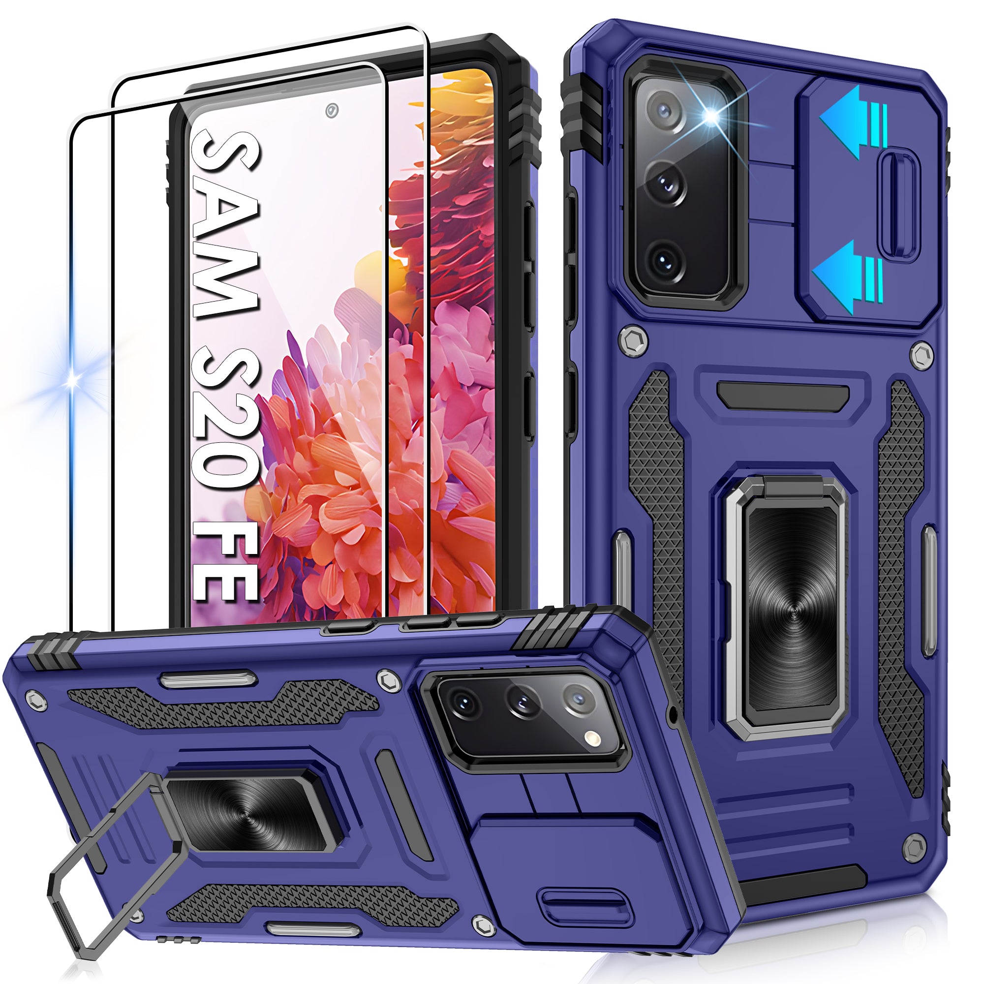 Jshru for Samsung Galaxy S20 FE Case with Screen Protector,Camera Protective Cover,Ring Stand,Phone Case for Men and Women,Shockproof Bumper Phone Cover