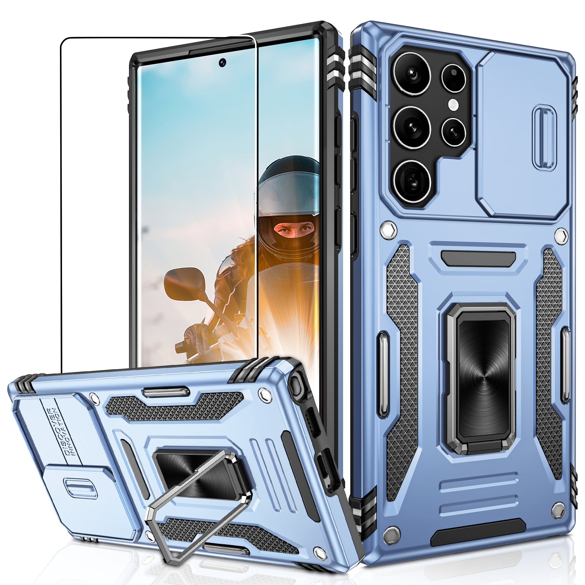 Jshru for Samsung Galaxy S22 Ultra Case with Screen Protector,Camera Protective Cover,Ring Stand,Phone Case for Men and Women,Shockproof Bumper Phone Cover