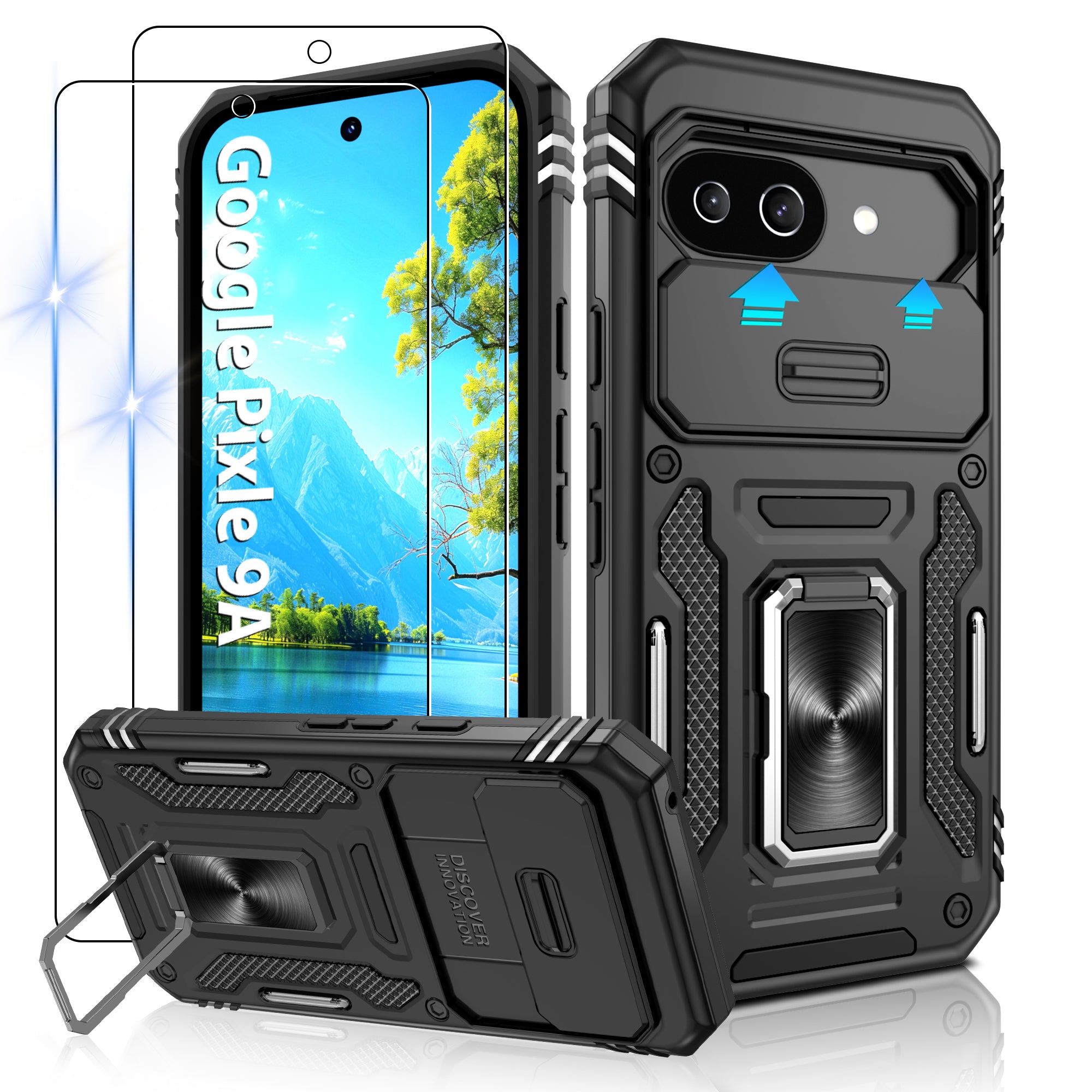 Jshru for Google Pixel 9A Case with Screen Protector,Camera Protective Cover,Ring Stand,Phone Case for Men and Women,Shockproof Bumper Phone Cover