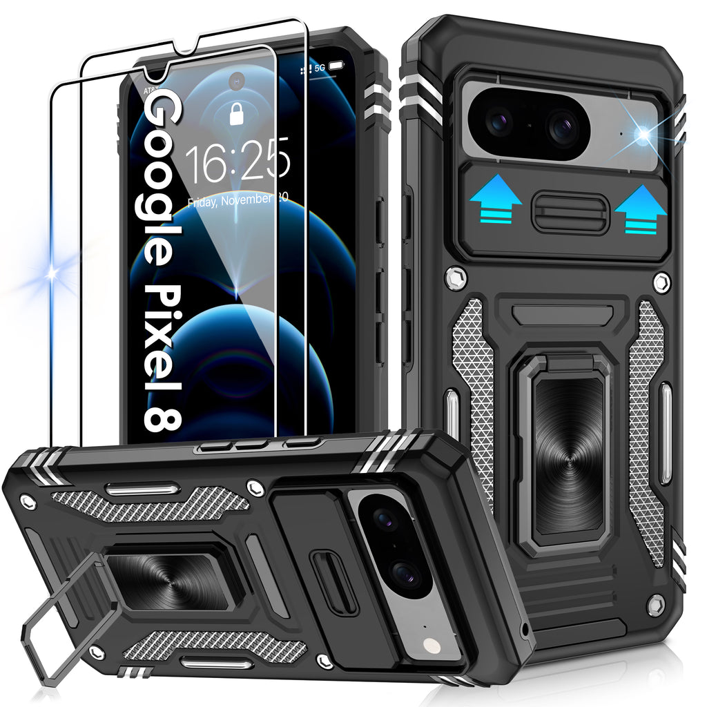 Jshru for Google Pixel 8 Case with Screen Protector,Camera Protective Cover,Ring Stand,Phone Case for Men and Women,Shockproof Bumper Phone Cover