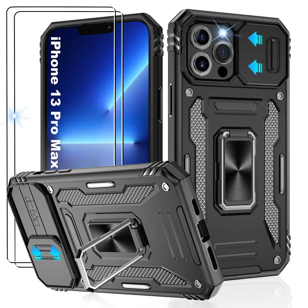 Jshru for iPhone 13 Pro Max Case with Screen Protector,Camera Protective Cover,Ring Stand,Phone Case for Men and Women,Shockproof Bumper Phone Cover