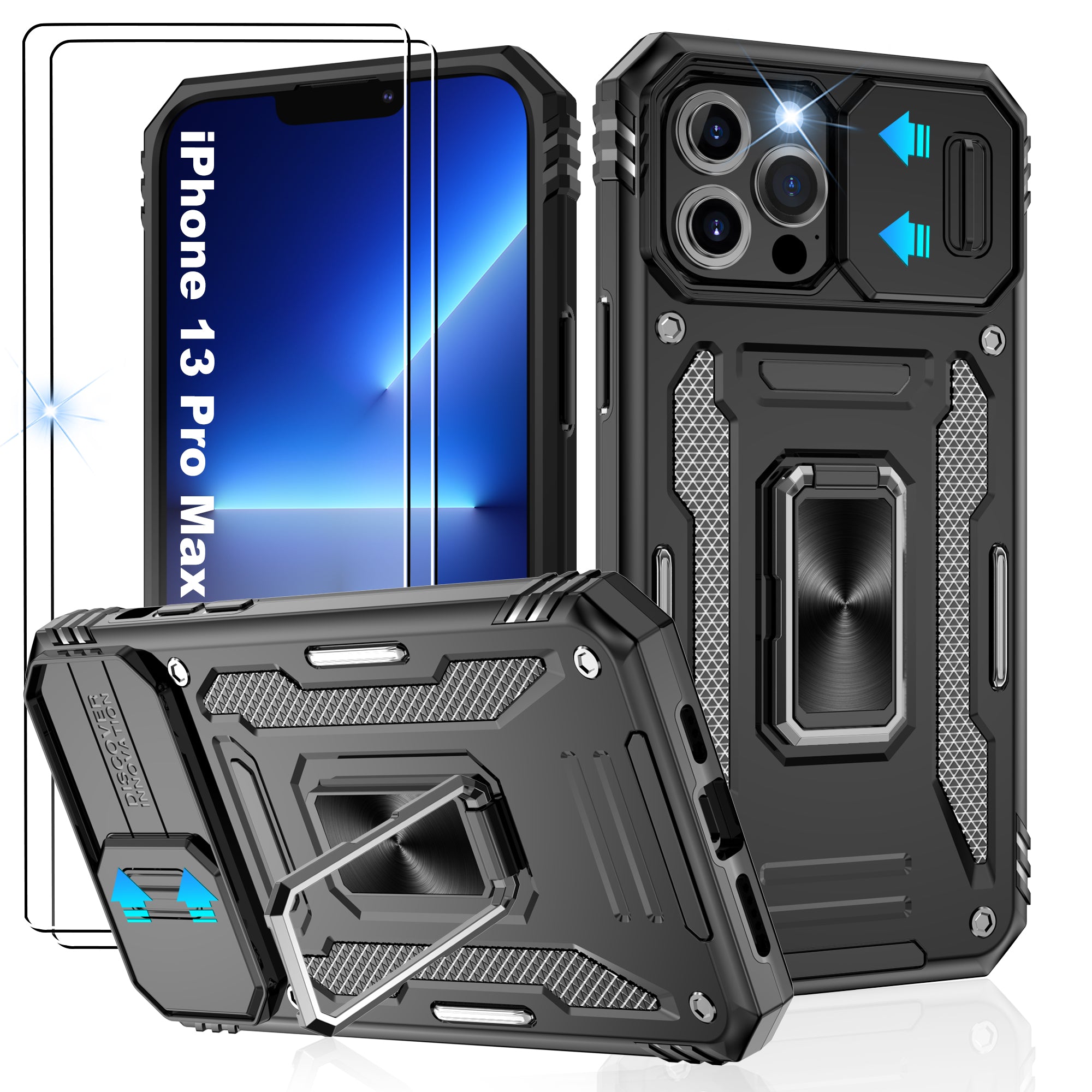 Jshru for iPhone 13 Pro Max Case with Screen Protector,Camera Protective Cover,Ring Stand,Phone Case for Men and Women,Shockproof Bumper Phone Cover