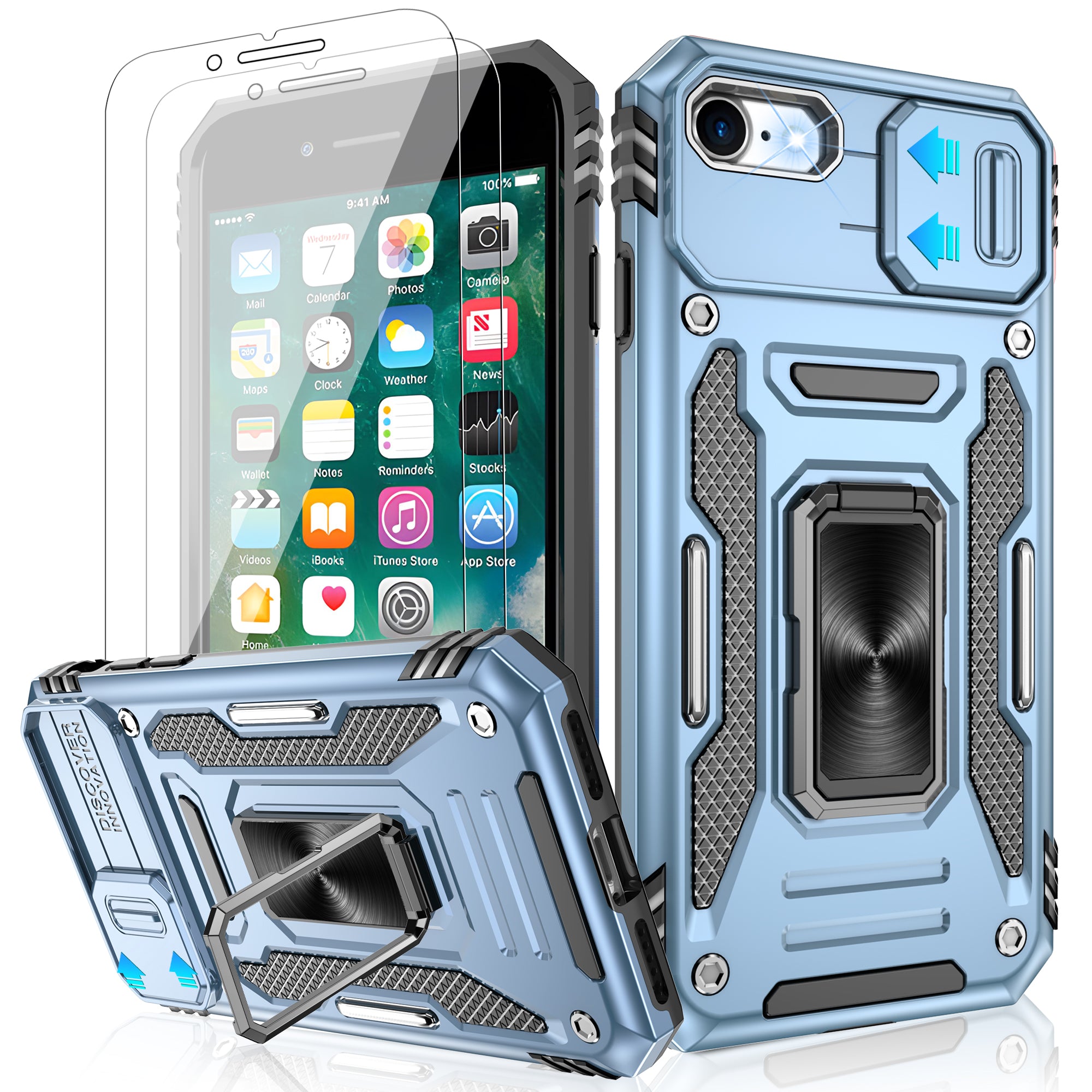 Jshru for iPhone SE 2020/2022 Case with Screen Protector,Camera Protective Cover,Ring Stand,Phone Case for Men and Women,Shockproof Bumper Phone Cover