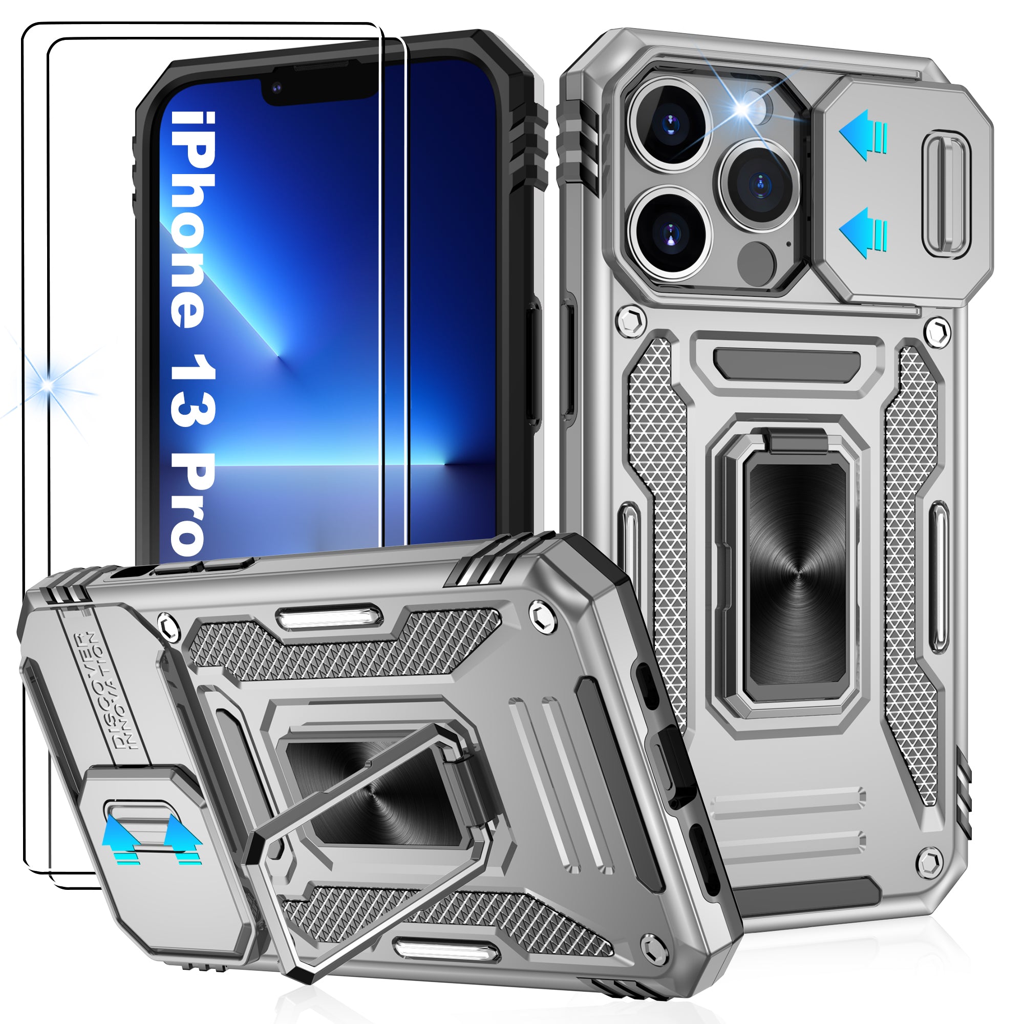 Jshru for iPhone 13 Pro Case with Screen Protector,Camera Protective Cover,Ring Stand,Phone Case for Men and Women,Shockproof Bumper Phone Cover