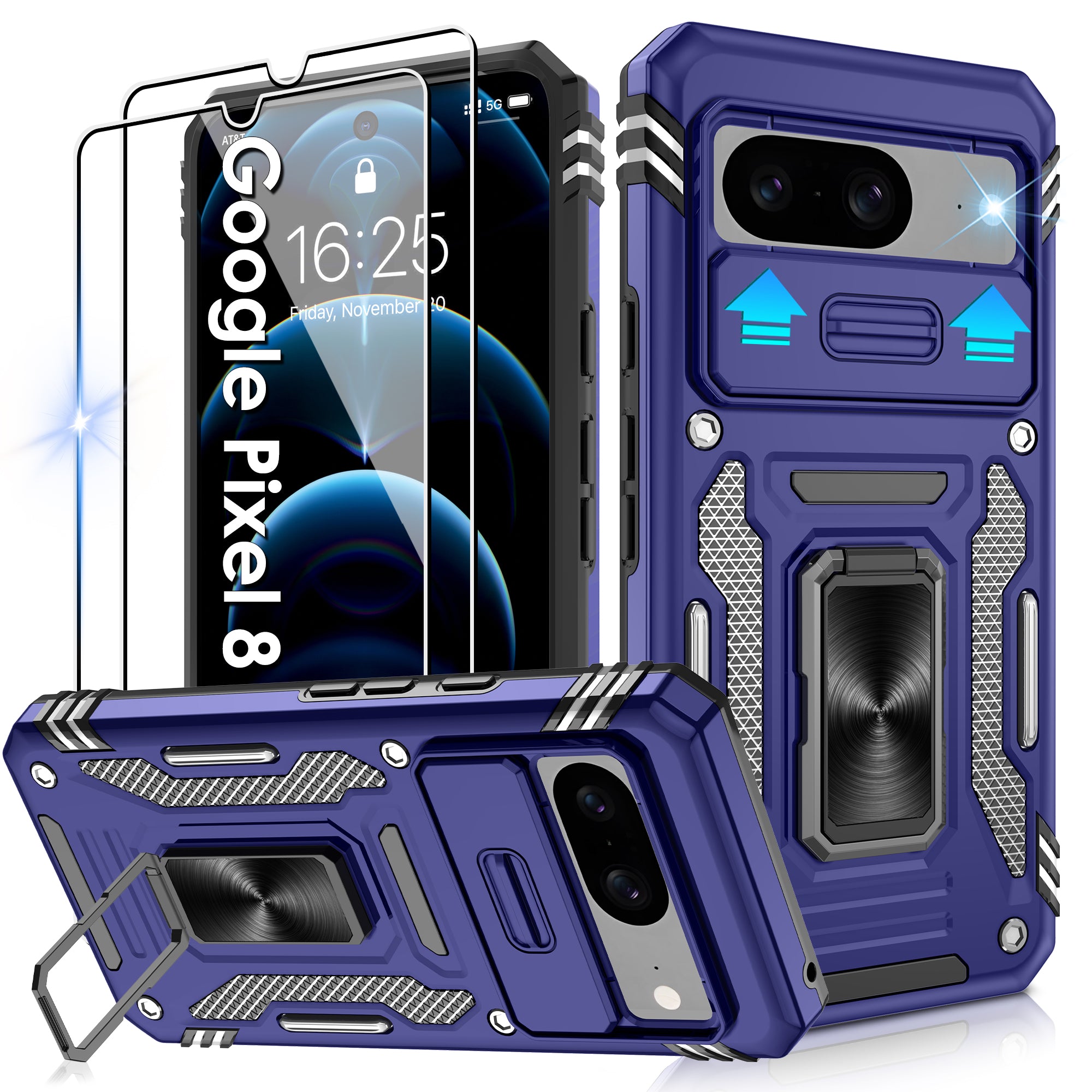 Jshru for Google Pixel 8 Case with Screen Protector,Camera Protective Cover,Ring Stand,Phone Case for Men and Women,Shockproof Bumper Phone Cover