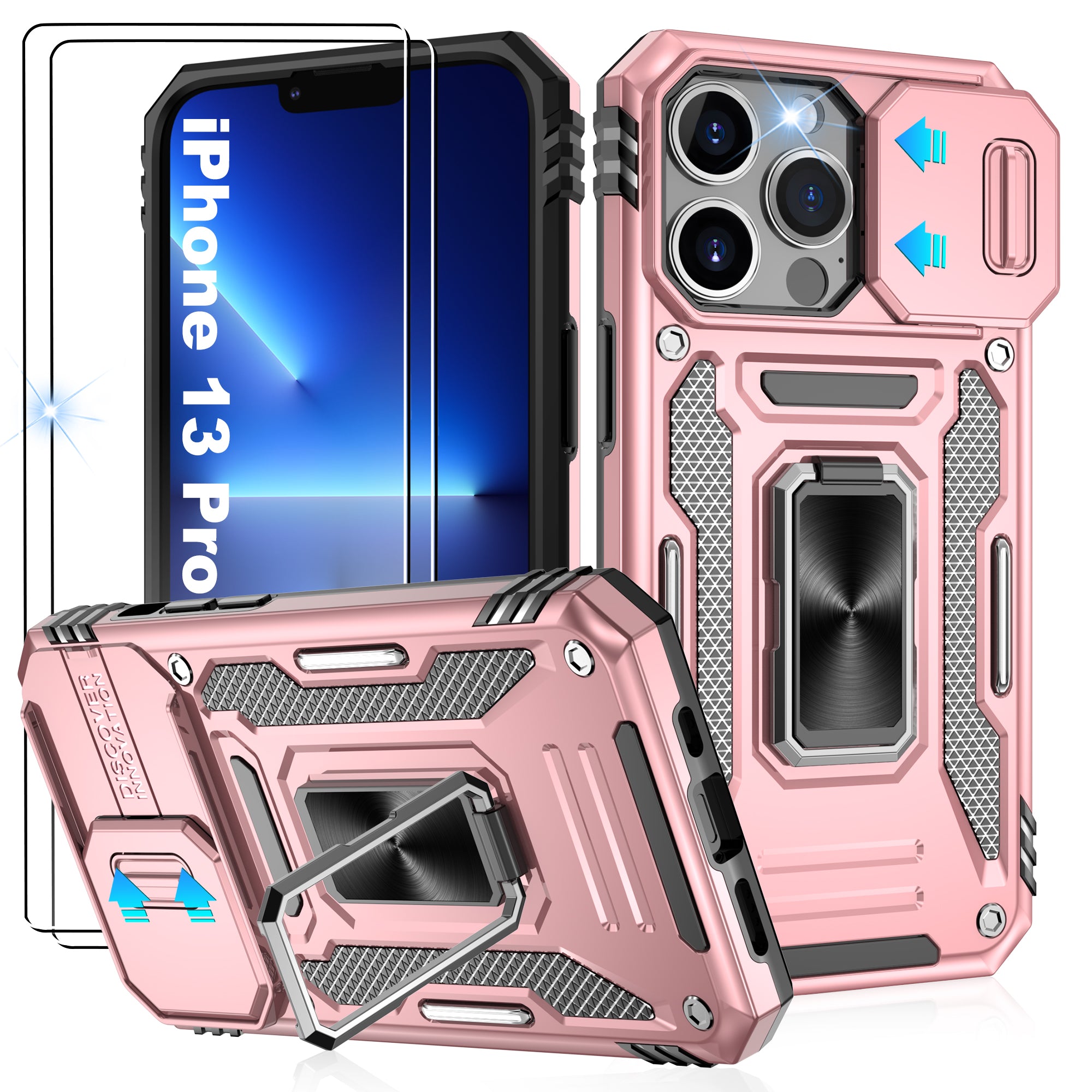 Jshru for iPhone 13 Pro Case with Screen Protector,Camera Protective Cover,Ring Stand,Phone Case for Men and Women,Shockproof Bumper Phone Cover