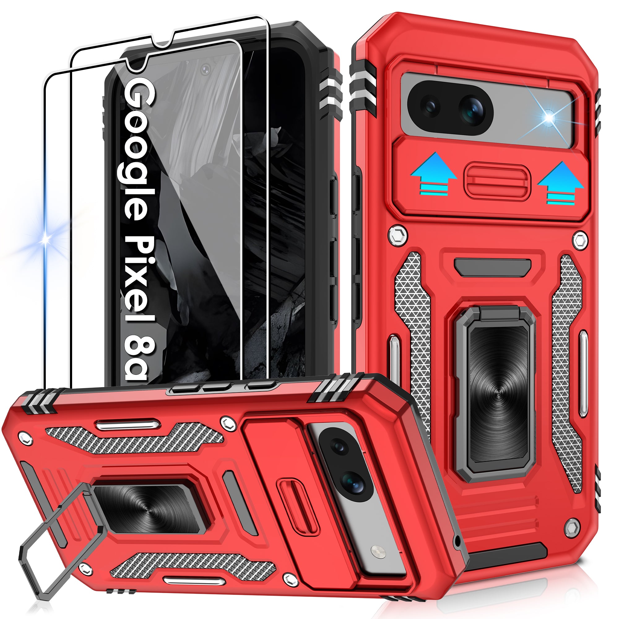 Jshru for Google Pixel 8A Case with Screen Protector,Camera Protective Cover,Ring Stand,Phone Case for Men and Women,Shockproof Bumper Phone Cover