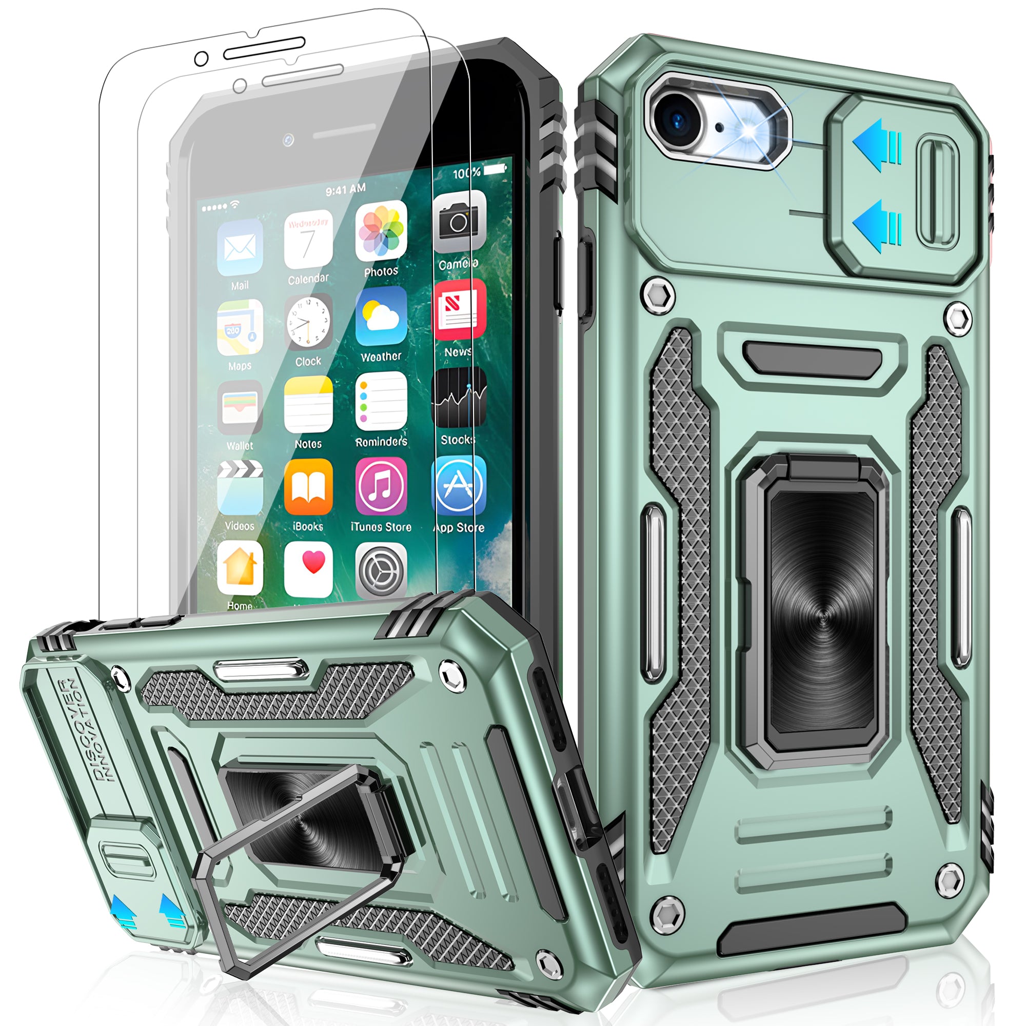 Jshru for iPhone SE 2020/2022 Case with Screen Protector,Camera Protective Cover,Ring Stand,Phone Case for Men and Women,Shockproof Bumper Phone Cover