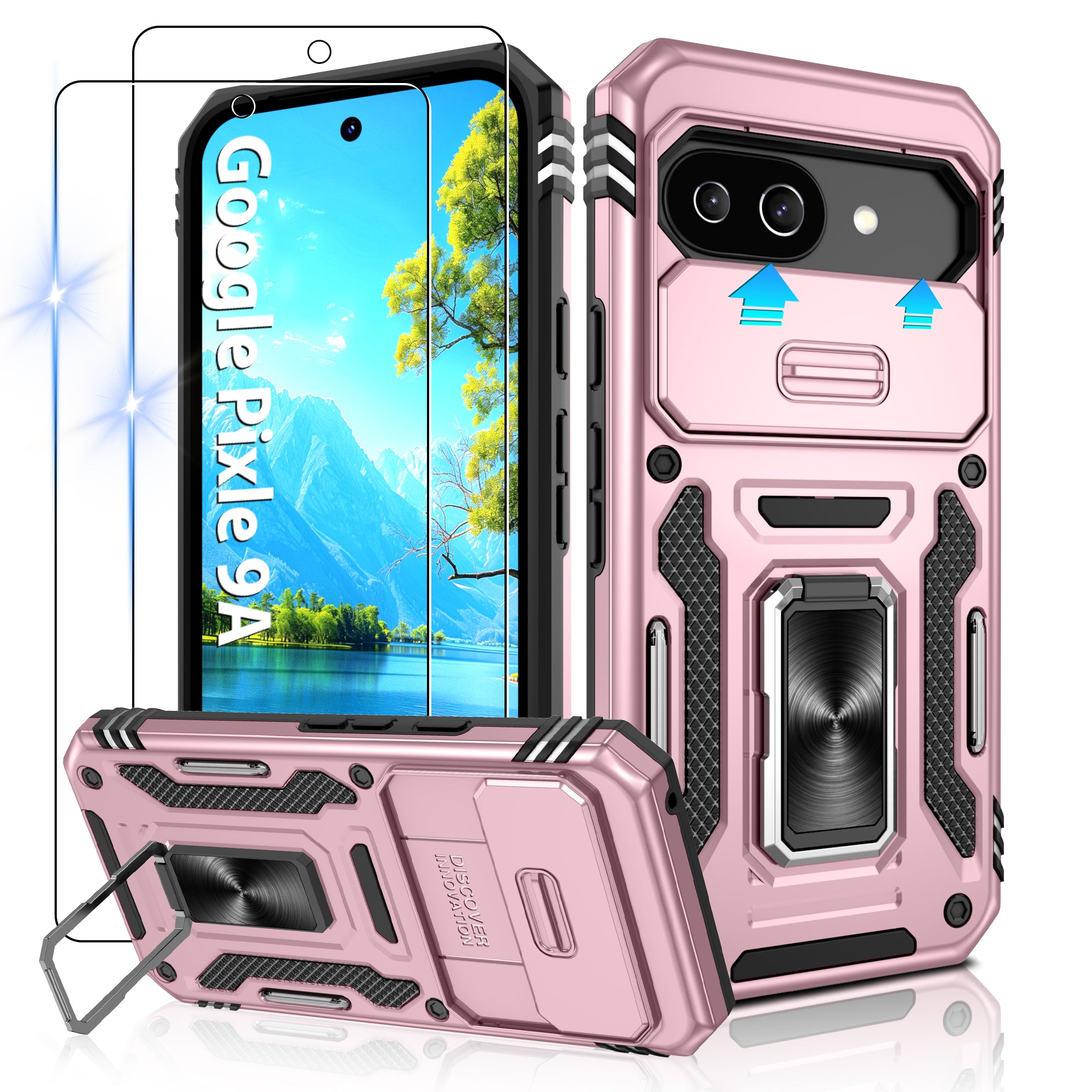 Jshru for Google Pixel 9A Case with Screen Protector,Camera Protective Cover,Ring Stand,Phone Case for Men and Women,Shockproof Bumper Phone Cover