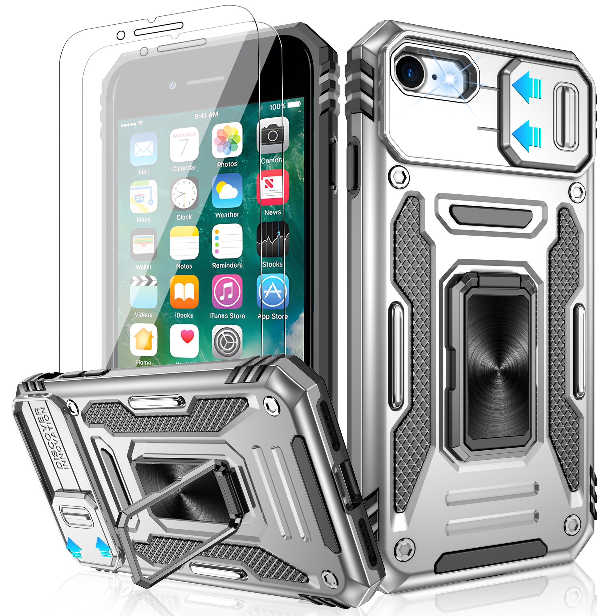 Jshru for iPhone SE 2020/2022 Case with Screen Protector,Camera Protective Cover,Ring Stand,Phone Case for Men and Women,Shockproof Bumper Phone Cover