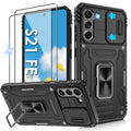 Jshru for Samsung Galaxy S21 FE Case with Screen Protector,Camera Protective Cover,Ring Stand,Phone Case for Men and Women,Shockproof Bumper Phone Cover