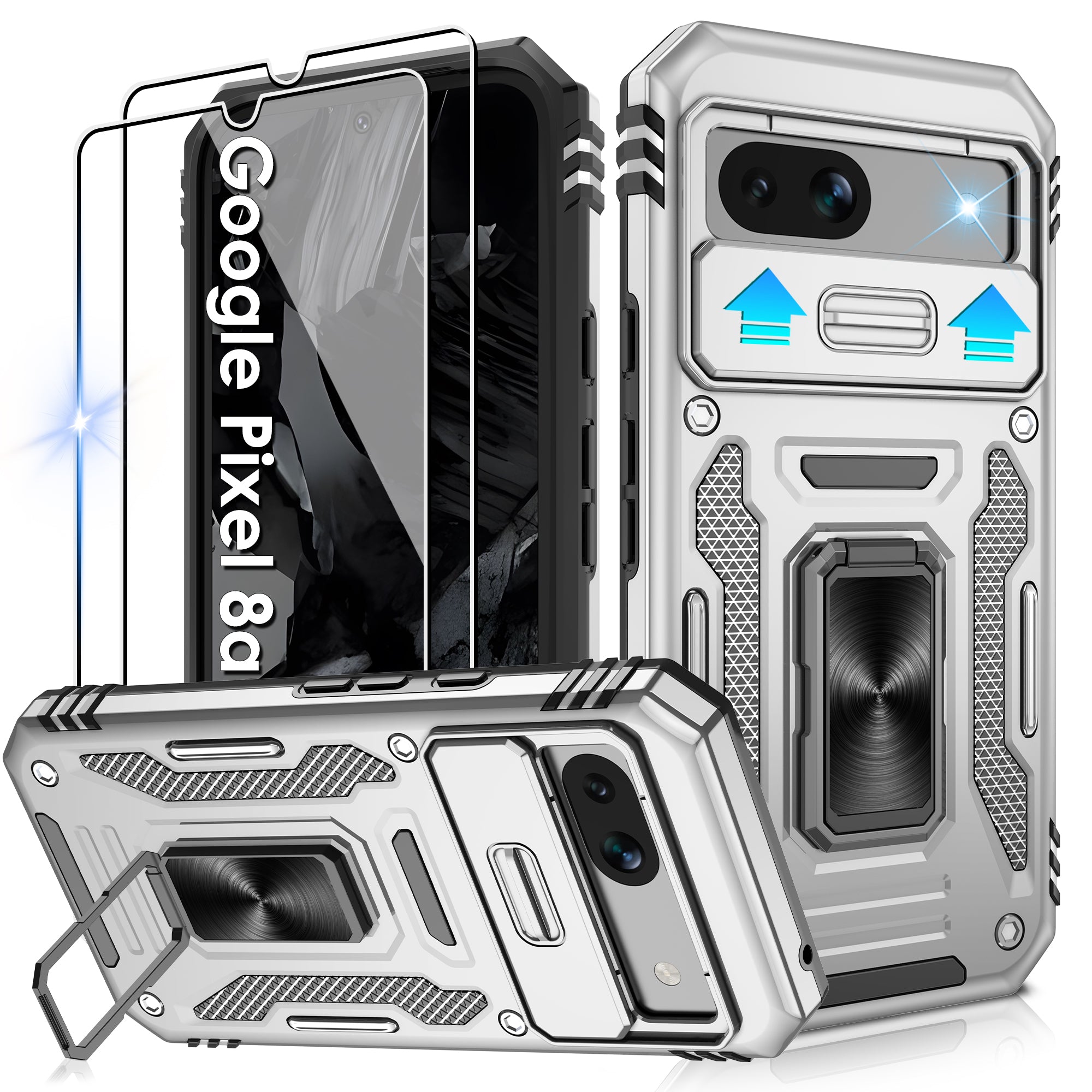 Jshru for Google Pixel 8A Case with Screen Protector,Camera Protective Cover,Ring Stand,Phone Case for Men and Women,Shockproof Bumper Phone Cover