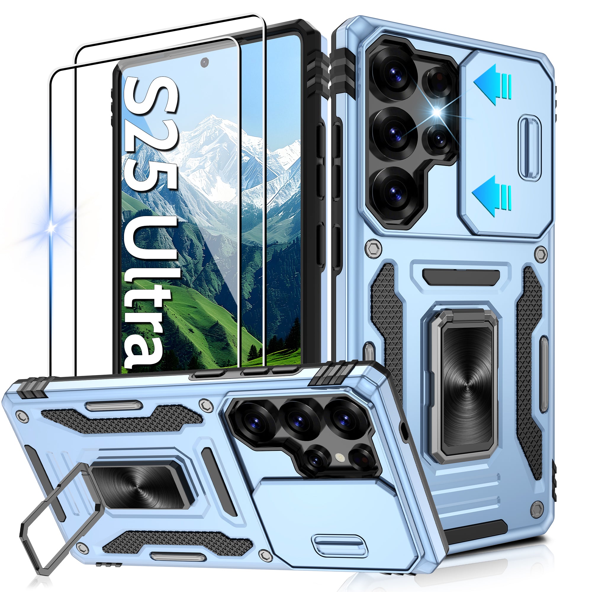 Jshru for Samsung Galaxy S25 Ultra Case with Screen Protector,Camera Protective Cover,Ring Stand,Phone Case for Men and Women,Shockproof Bumper Phone Cover