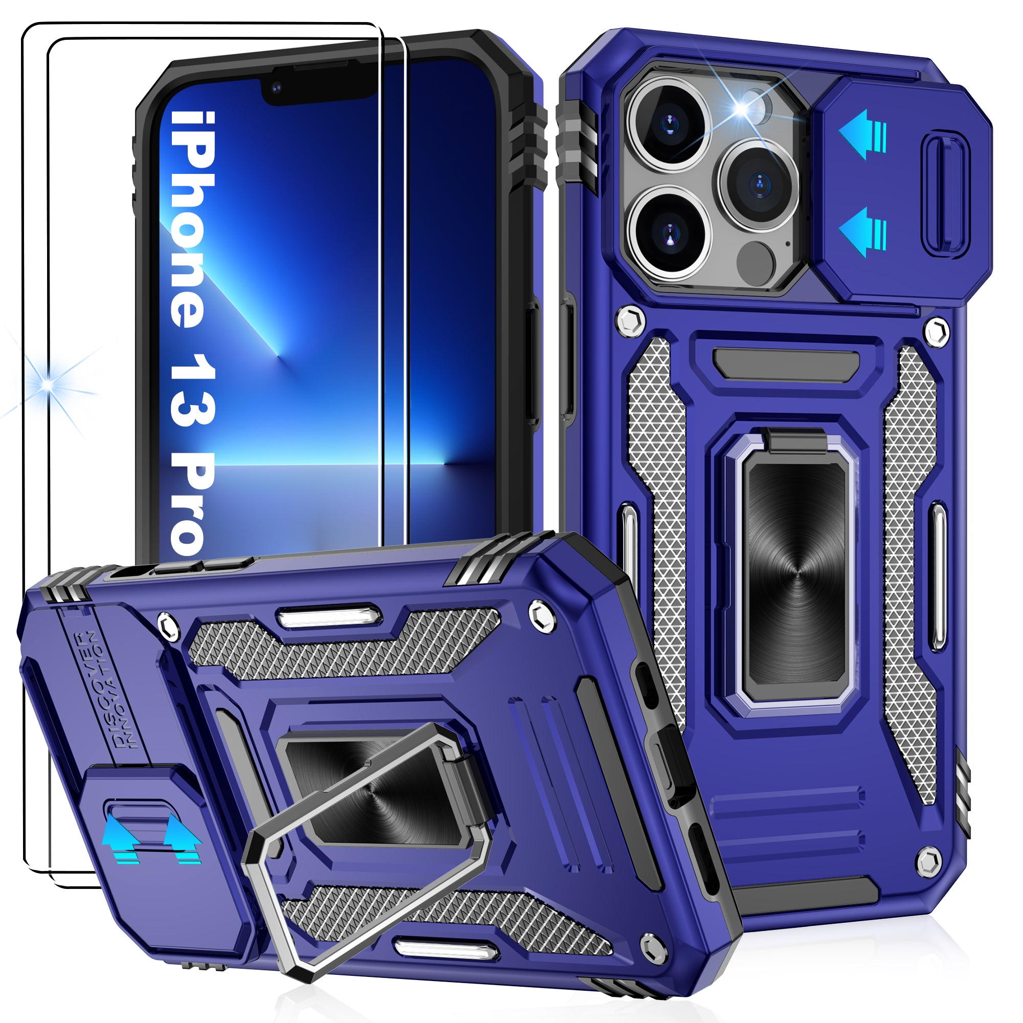 Jshru for iPhone 13 Pro Case with Screen Protector,Camera Protective Cover,Ring Stand,Phone Case for Men and Women,Shockproof Bumper Phone Cover