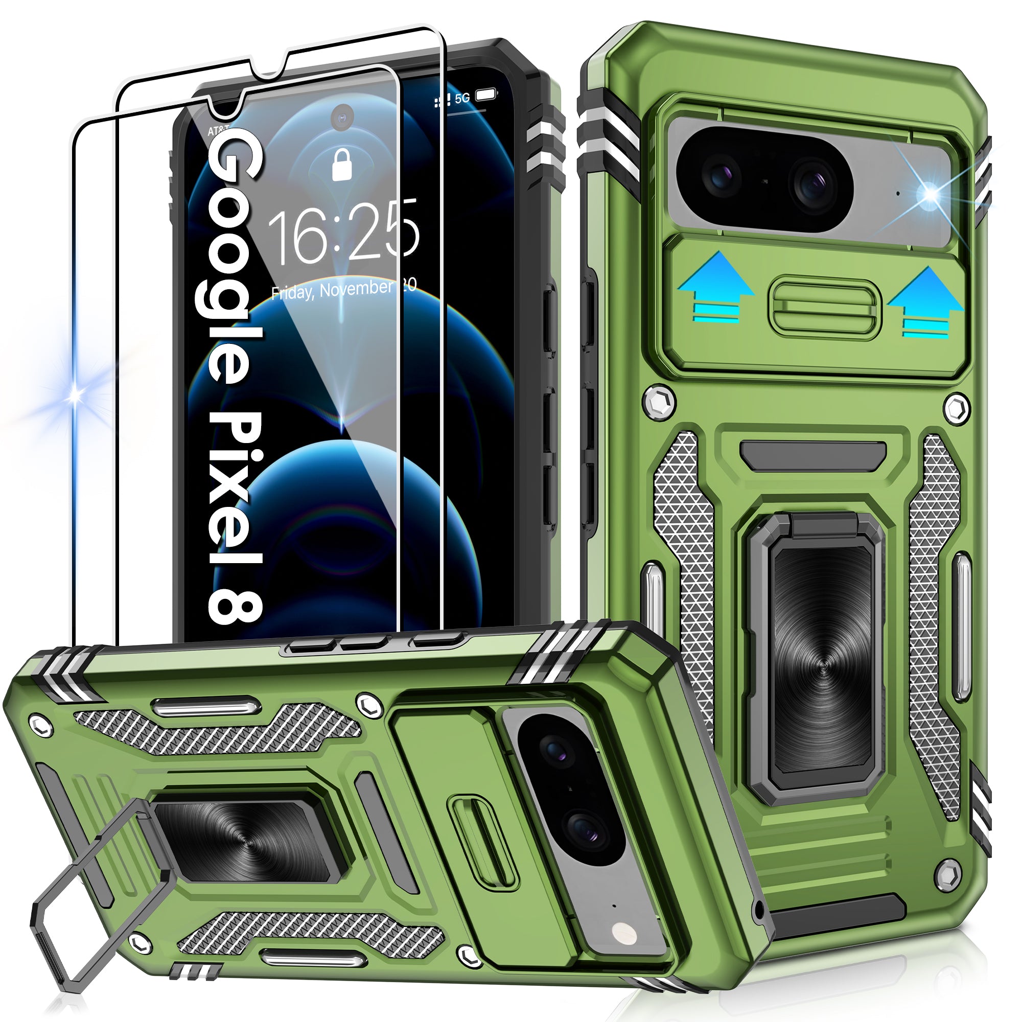 Jshru for Google Pixel 8 Case with Screen Protector,Camera Protective Cover,Ring Stand,Phone Case for Men and Women,Shockproof Bumper Phone Cover