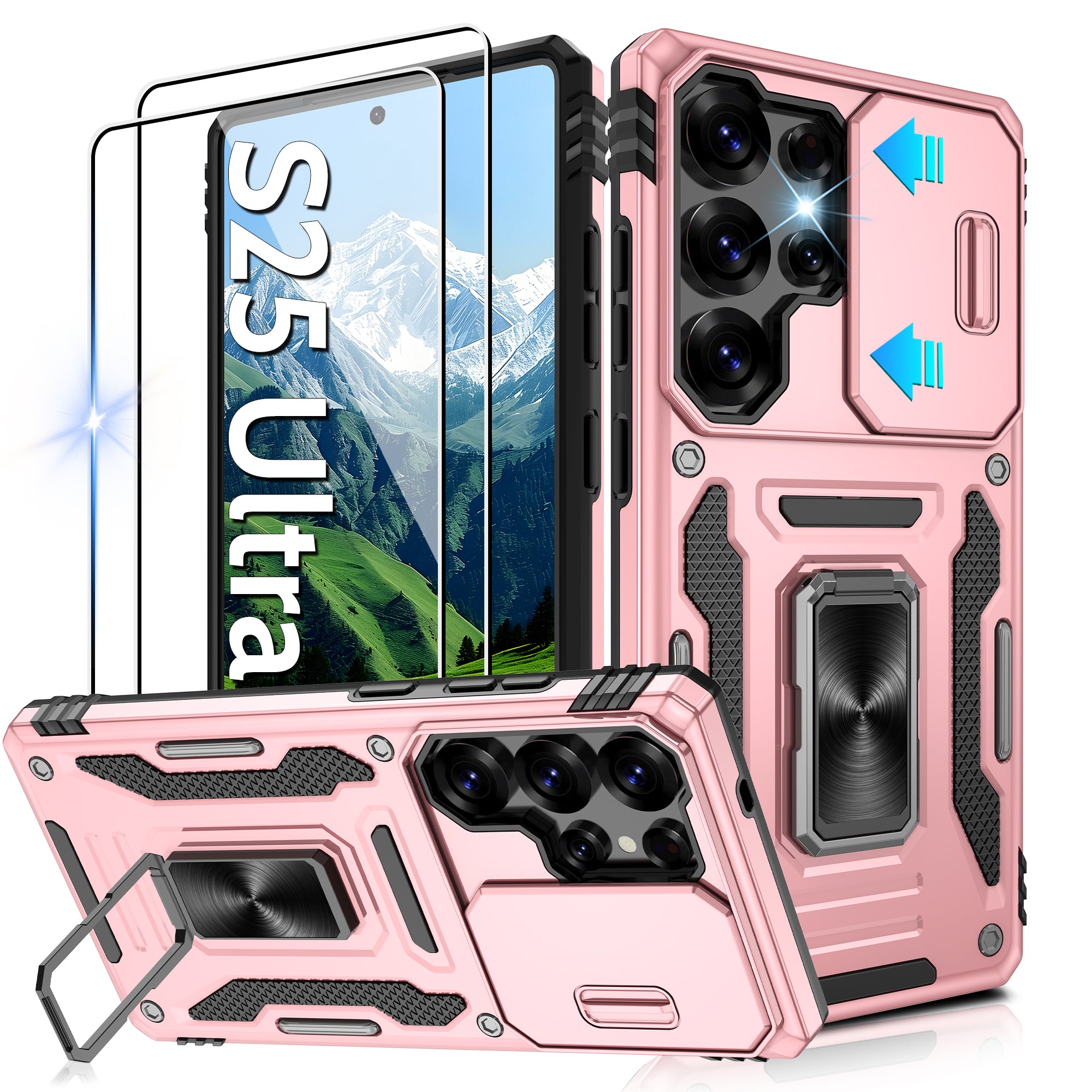 Jshru for Samsung Galaxy S25 Ultra Case with Screen Protector,Camera Protective Cover,Ring Stand,Phone Case for Men and Women,Shockproof Bumper Phone Cover