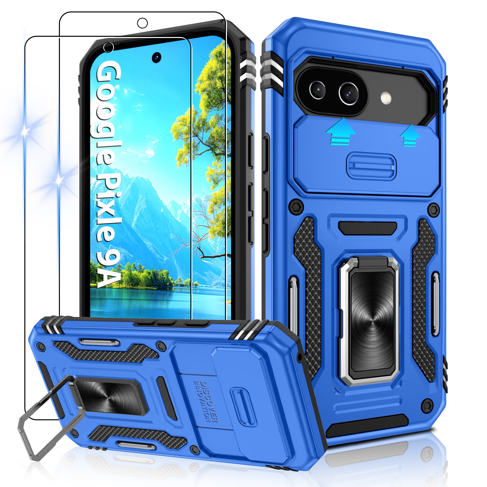 Jshru for Google Pixel 9A Case with Screen Protector,Camera Protective Cover,Ring Stand,Phone Case for Men and Women,Shockproof Bumper Phone Cover