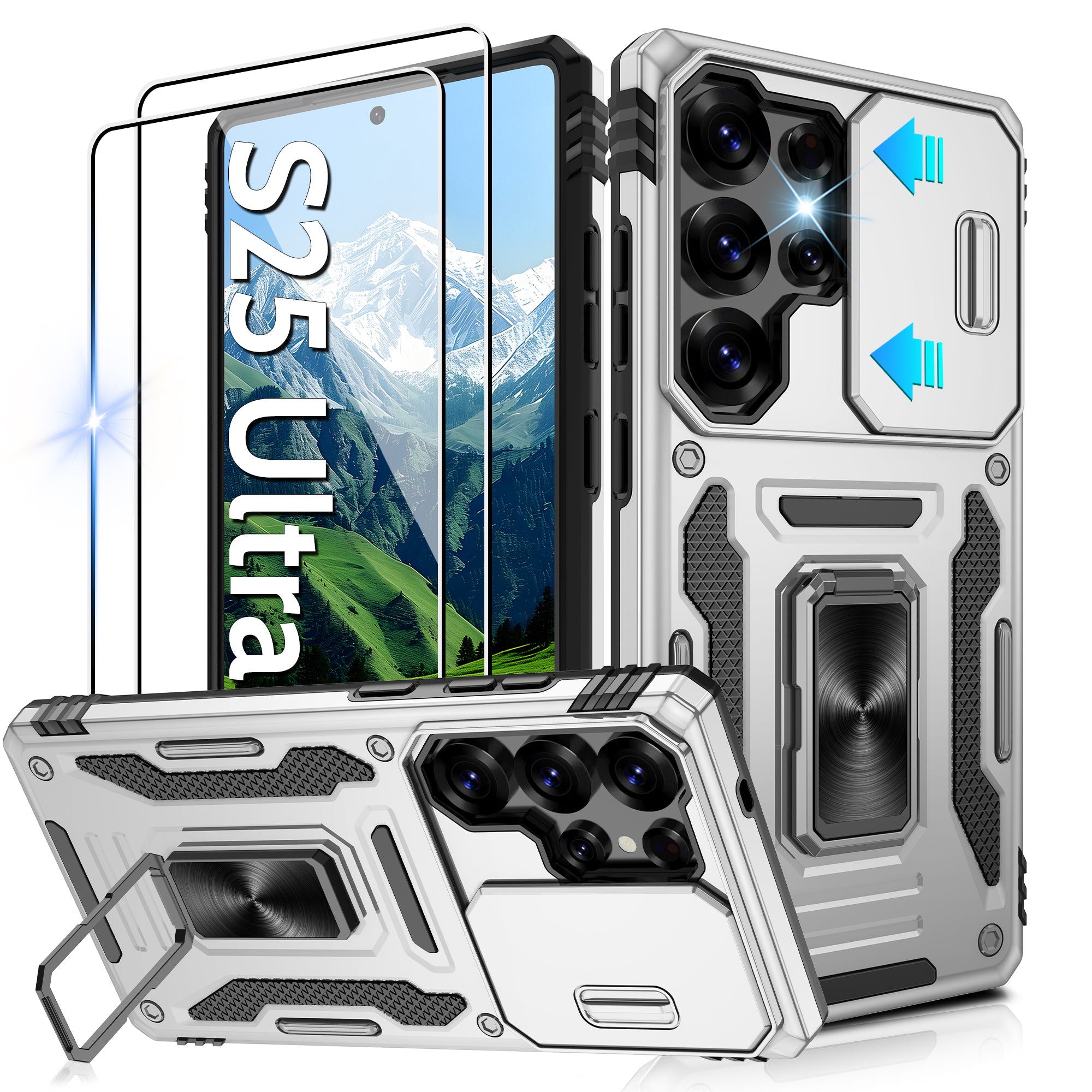 Jshru for Samsung Galaxy S25 Ultra Case with Screen Protector,Camera Protective Cover,Ring Stand,Phone Case for Men and Women,Shockproof Bumper Phone Cover