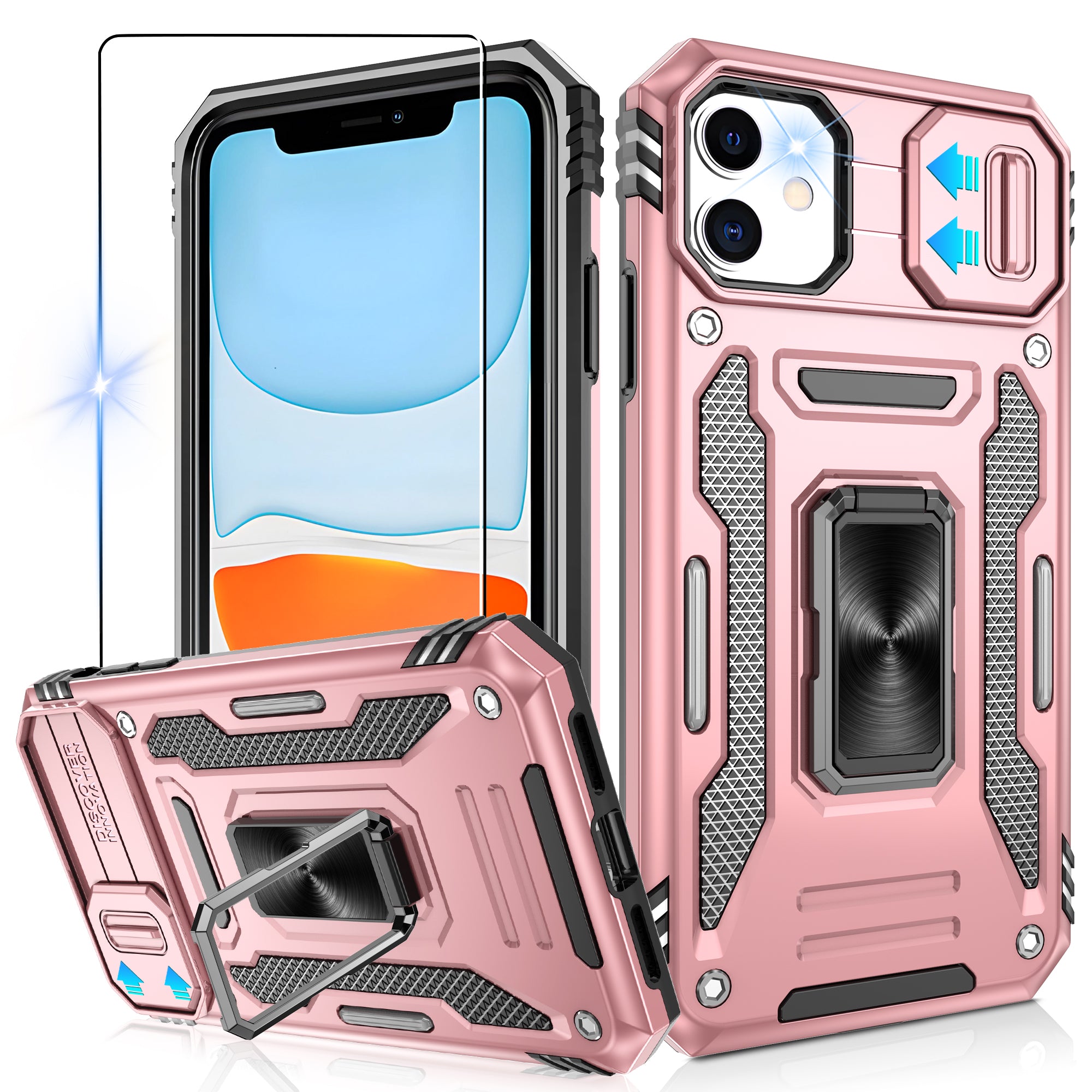 Jshru for iPhone 11 Case with Screen Protector,Camera Protective Cover,Ring Stand,Phone Case for Men and Women,Shockproof Bumper Phone Cover